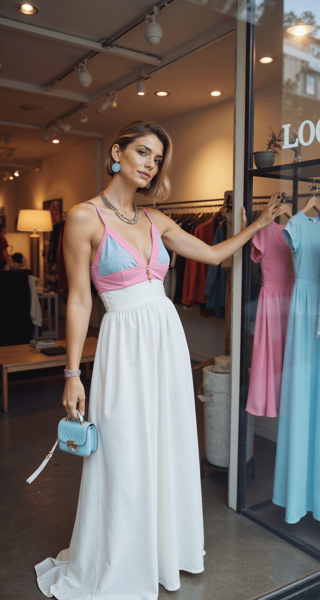 Modern boutique interior featuring a pride window display with a model trying on a flowing white maxi dress complemented by pink and blue accessories. The mirror reflects the scene, enhancing the depth, while warm lighting adds an inviting atmosphere.