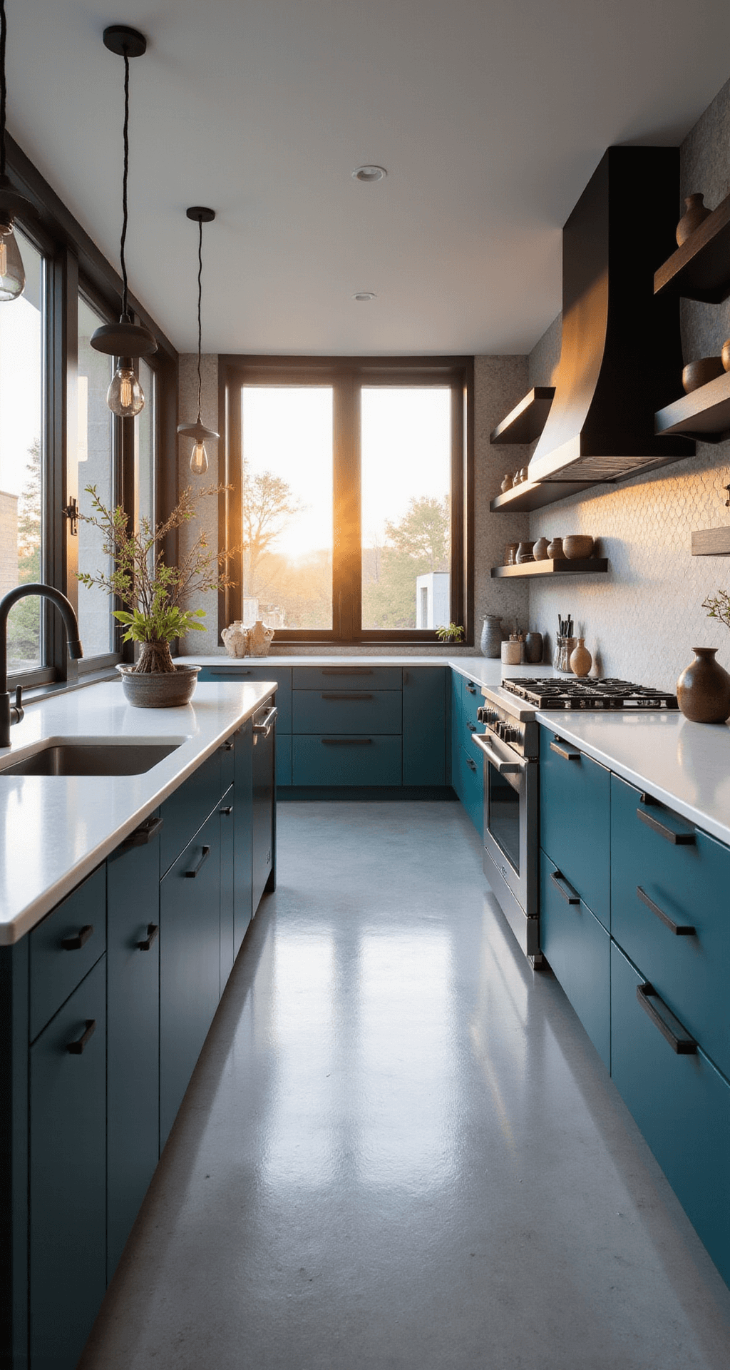 A contemporary galley kitchen featuring glossy deep teal cabinets with matte black hardware, pearl white waterfall quartz countertops, and a geometric grey herringbone backsplash. The space is illuminated by golden hour sunlight streaming through floor-to-ceiling windows, showcasing floating shelves with minimalist pottery and smoked glass pendant lights, all complemented by stainless steel appliances.
