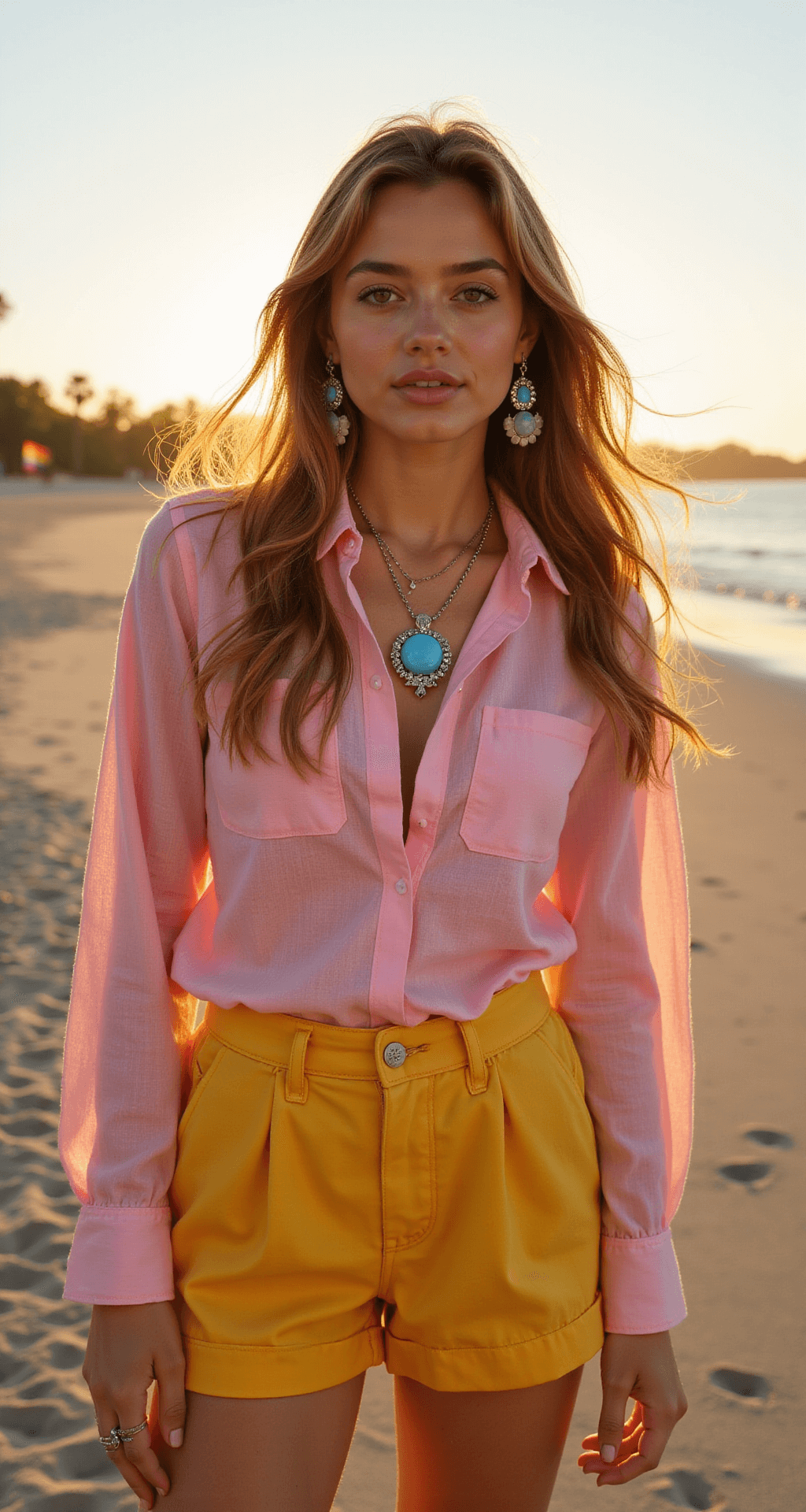 A model stands on a sunset beach, wearing a pink linen shirt and yellow high-waisted shorts, complemented by blue statement jewelry. The golden light highlights the wind-blown fabric and hair, while pride flags softly blur in the coastal background, captured during magic hour with a shallow depth of field.