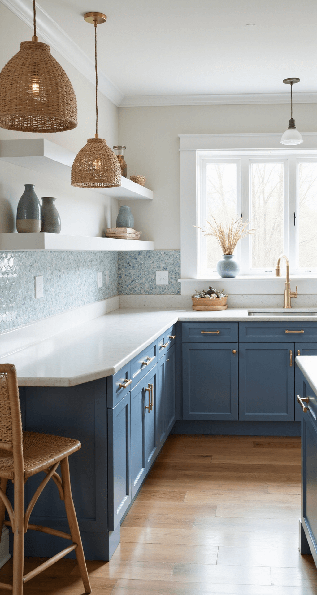 Coastal-inspired L-shaped kitchen with Smoky Blue lower cabinets, white uppers, and a textured glass backsplash. Sunlight streams through a bay window, highlighting brushed gold hardware and white quartz counters. Rattan pendant lights and woven bar stools enhance the airy atmosphere, complemented by blue-grey ceramic vases with coastal grasses against a white shiplap accent wall.