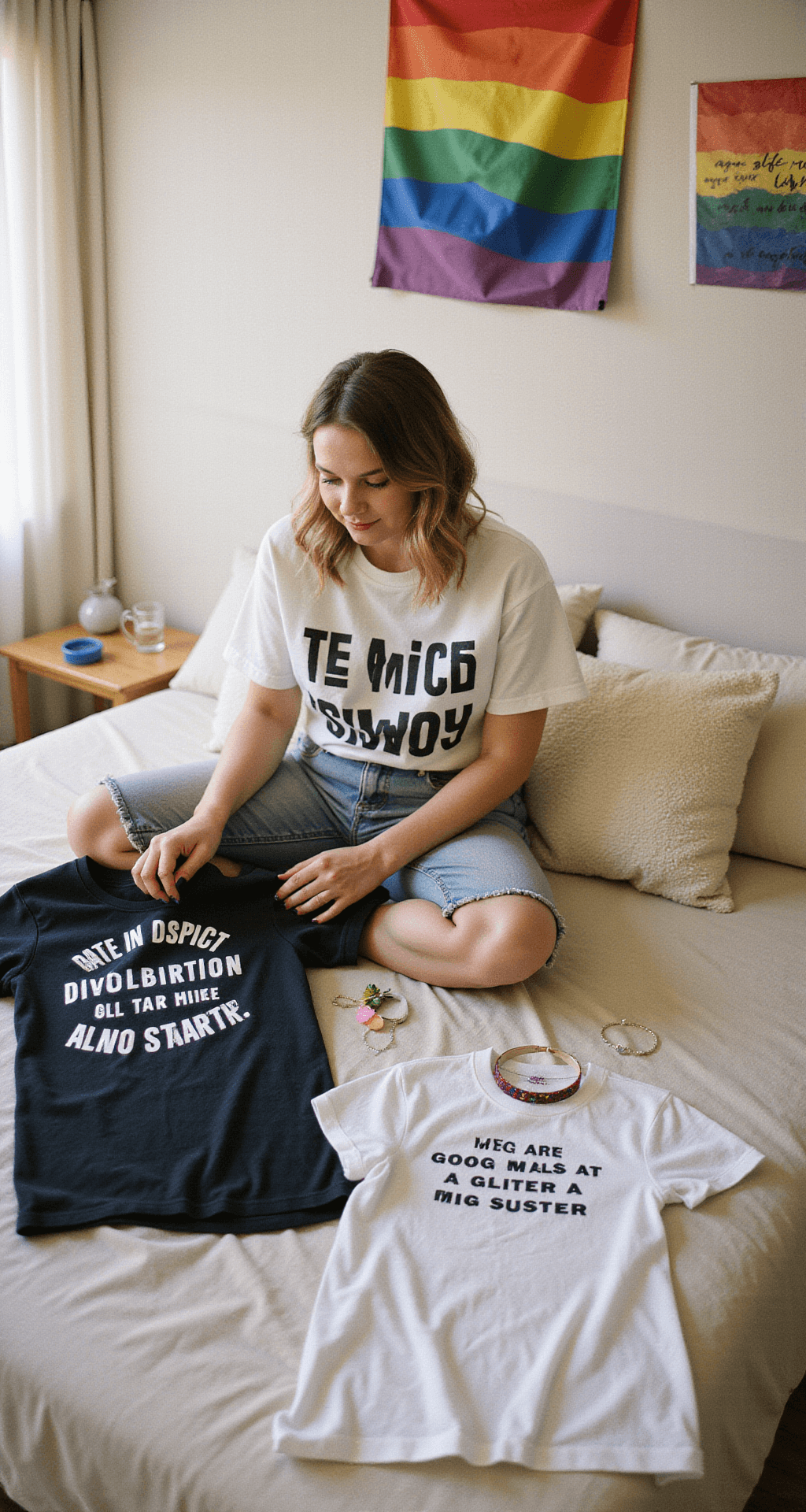 A cozy bedroom filled with soft morning light features pride flags as wall art. A close-up view shows a neatly organized pride outfit on a bed, including graphic tees with empowering messages, sustainable glitter makeup, and rainbow accessories. The scene captures a warm, inviting atmosphere.