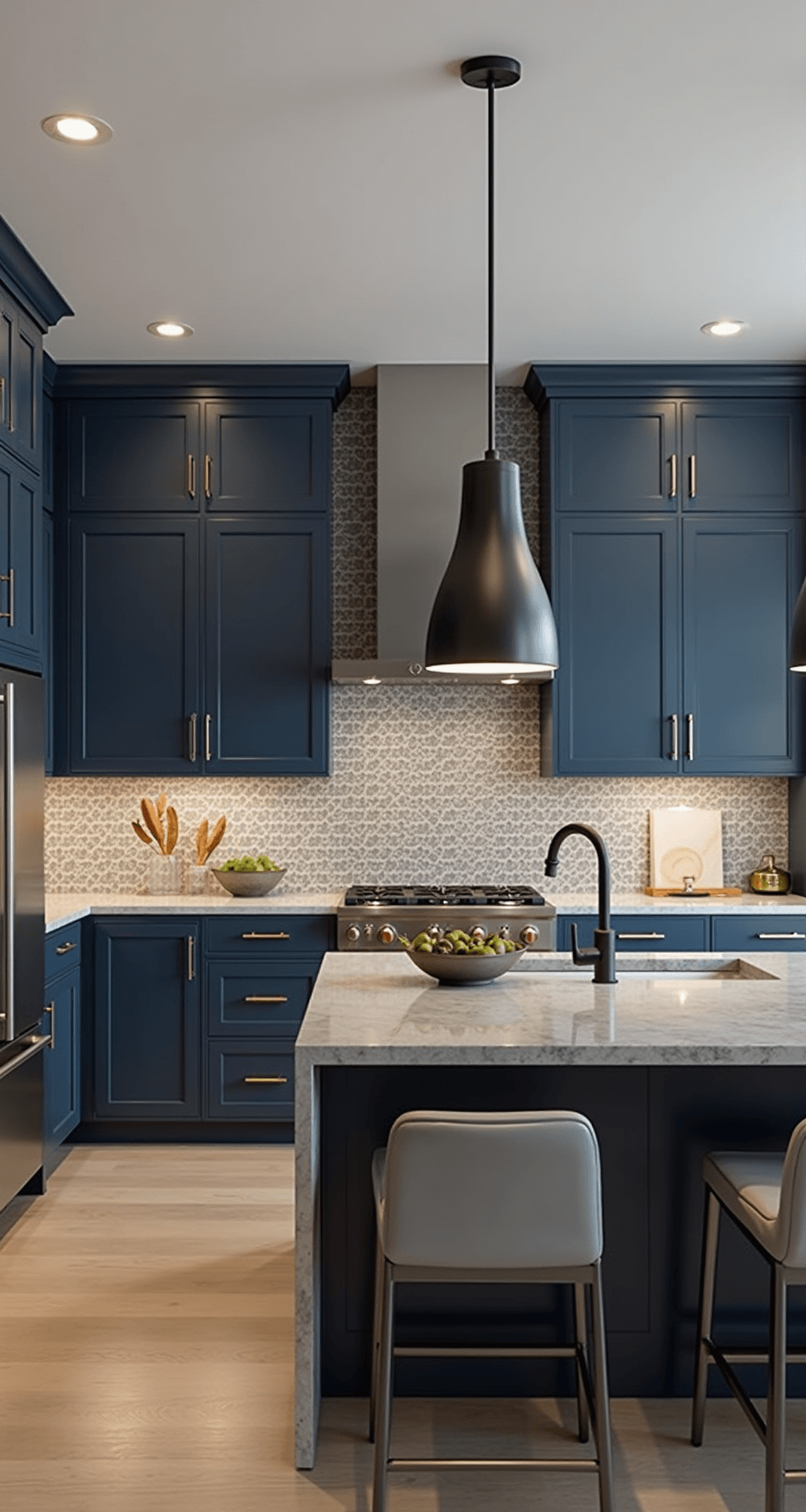 Transitional open-concept kitchen with navy blue cabinets, stainless steel accents, and warm grey engineered quartz counters, featuring dusk lighting and oversized black metal pendants, seamlessly flowing into a dining area. The glass mosaic backsplash includes metallic elements, complemented by modern grey leather bar stools.