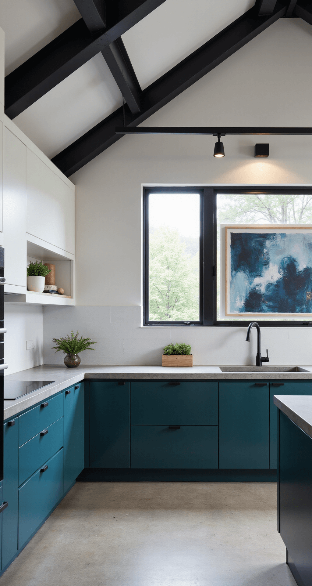 A modern kitchen featuring two-tone deep teal and white cabinets, concrete countertops, and minimalist matte black hardware, illuminated by studio lighting. The low-angle view highlights geometric ceiling details and oversized abstract art in blues and greys, complemented by black steel-framed windows.