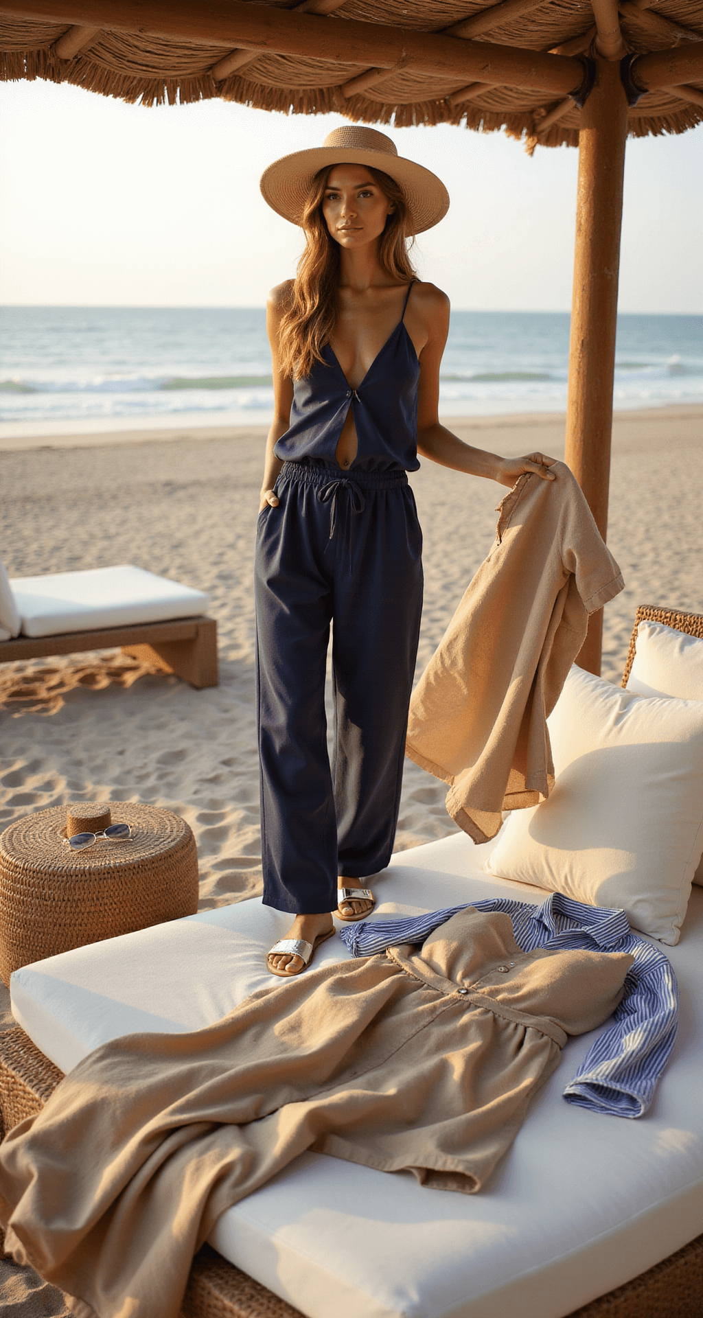 A model arranges a beach wardrobe including a navy one-piece suit, striped linen pants, and a sand-colored maxi dress on a rattan daybed at a boutique beach club during magic hour, with accessories like a Panama hat and cat-eye sunglasses, all softly illuminated by diffused natural backlight.
