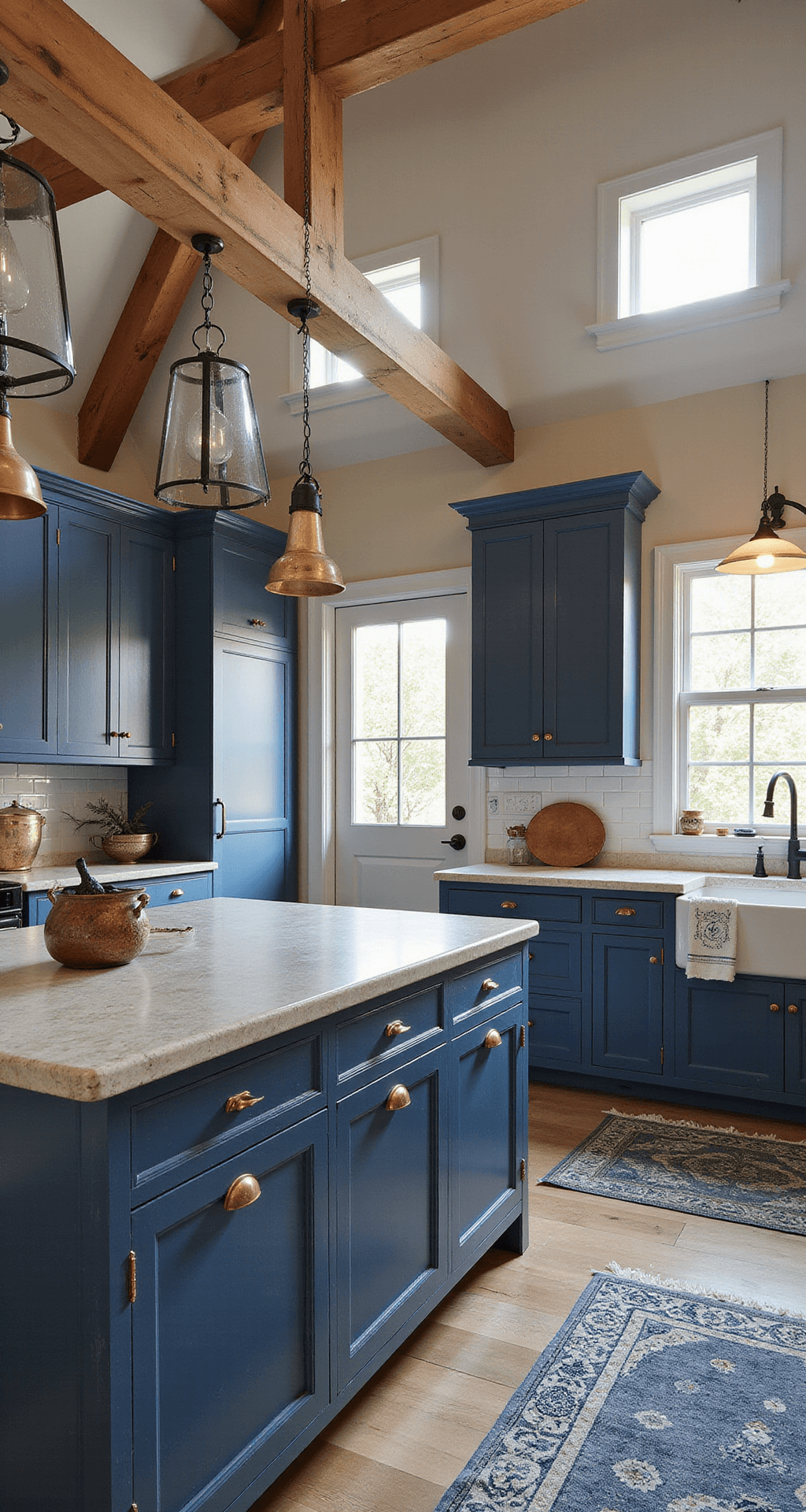 A rustic-modern kitchen featuring distressed navy cabinets with copper hardware, reclaimed wood island top, and limestone counters, illuminated by morning light through skylights. The space showcases iron pendant lights, a cathedral ceiling with exposed wooden beams, antique copper pots, handmade ceramic tiles in blue tones, and a vintage indigo rug, creating a cozy and authentic atmosphere.