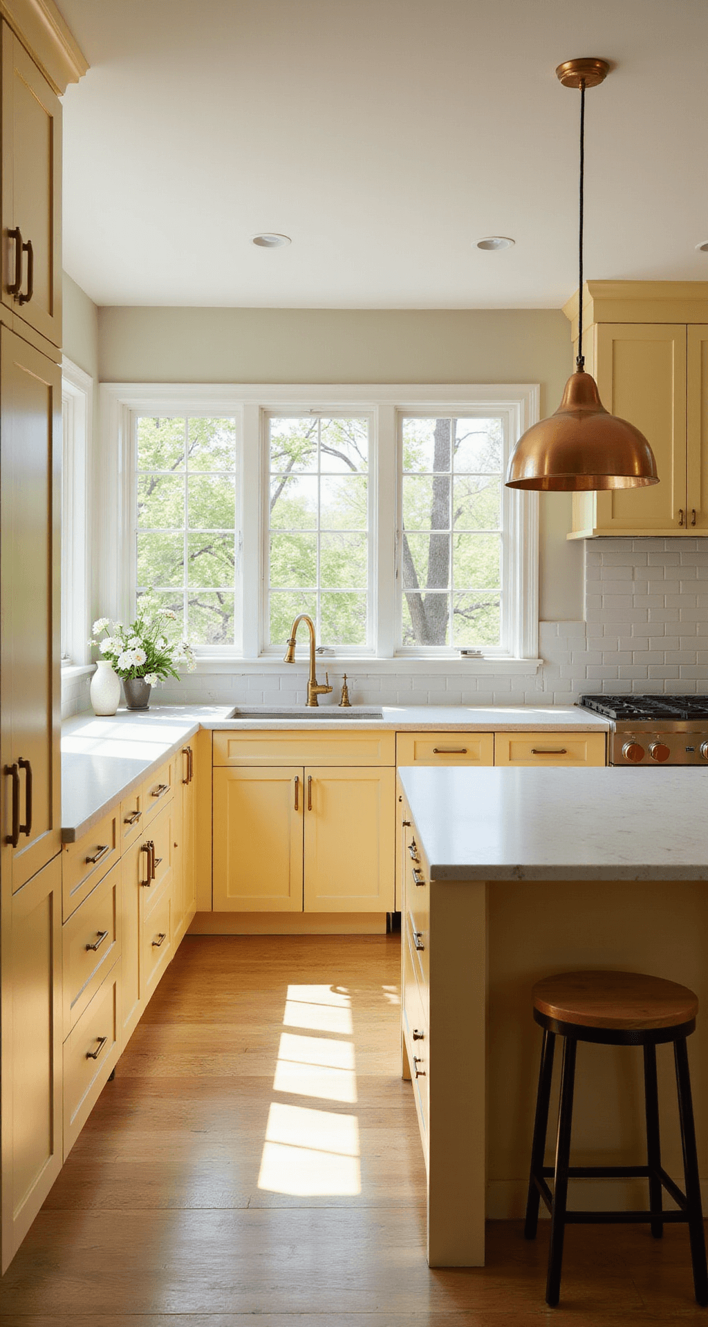 A bright, modern kitchen with butter yellow Shaker-style cabinets, large east-facing windows, a central island with matte white quartz countertops, and vintage copper pendants, showcasing a warm and inviting atmosphere.