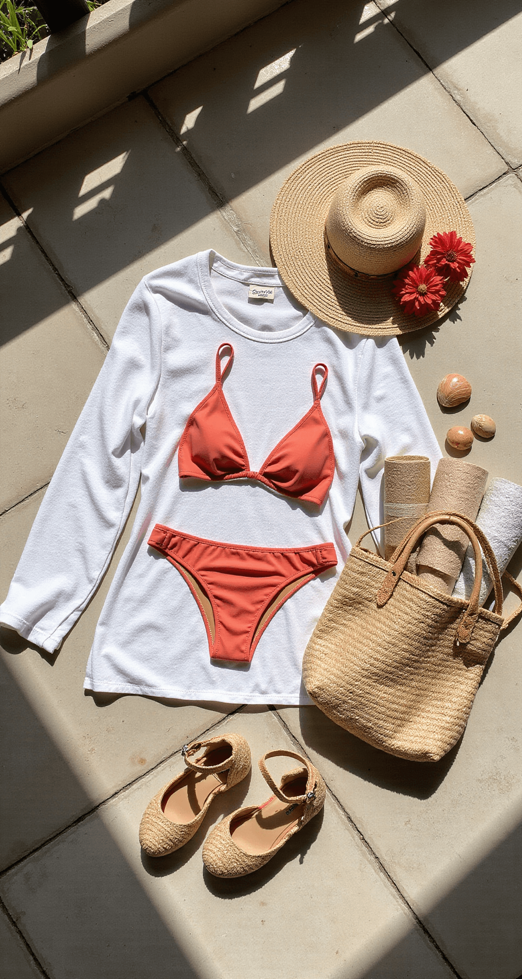 Luxury resort terrace featuring a fashion flat lay with a white eyelet cover-up, high-cut coral bikini, natural fiber espadrilles, woven sun hat, and a bamboo-handle beach bag with rolled Turkish towels, styled with tropical flowers and shells, shot from above in harsh light.