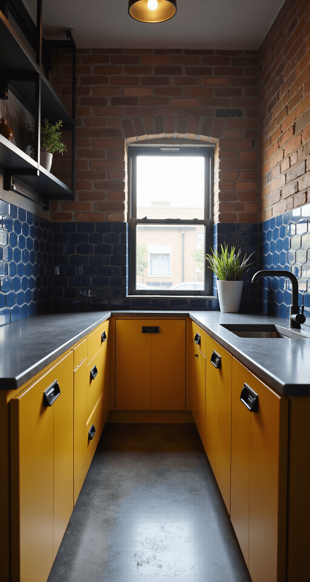 Compact galley kitchen featuring mustard yellow cabinets, charcoal concrete countertops, and a dramatic navy blue geometric tile backsplash, illuminated by warm late afternoon light from a west-facing window, showcasing an exposed brick wall and matte black hardware against an industrial-style open shelving design.