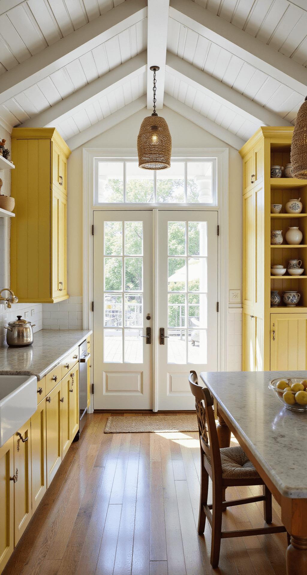 A wide-angle view of a farmhouse kitchen featuring sunshine yellow beadboard cabinets, white crown molding, and a cathedral ceiling with exposed beams. Natural light streams through French doors, illuminating marble countertops and a farmhouse sink with antique brass fixtures. Woven pendant lights and a pottery collection on open shelves enhance the cheerful, casual atmosphere.