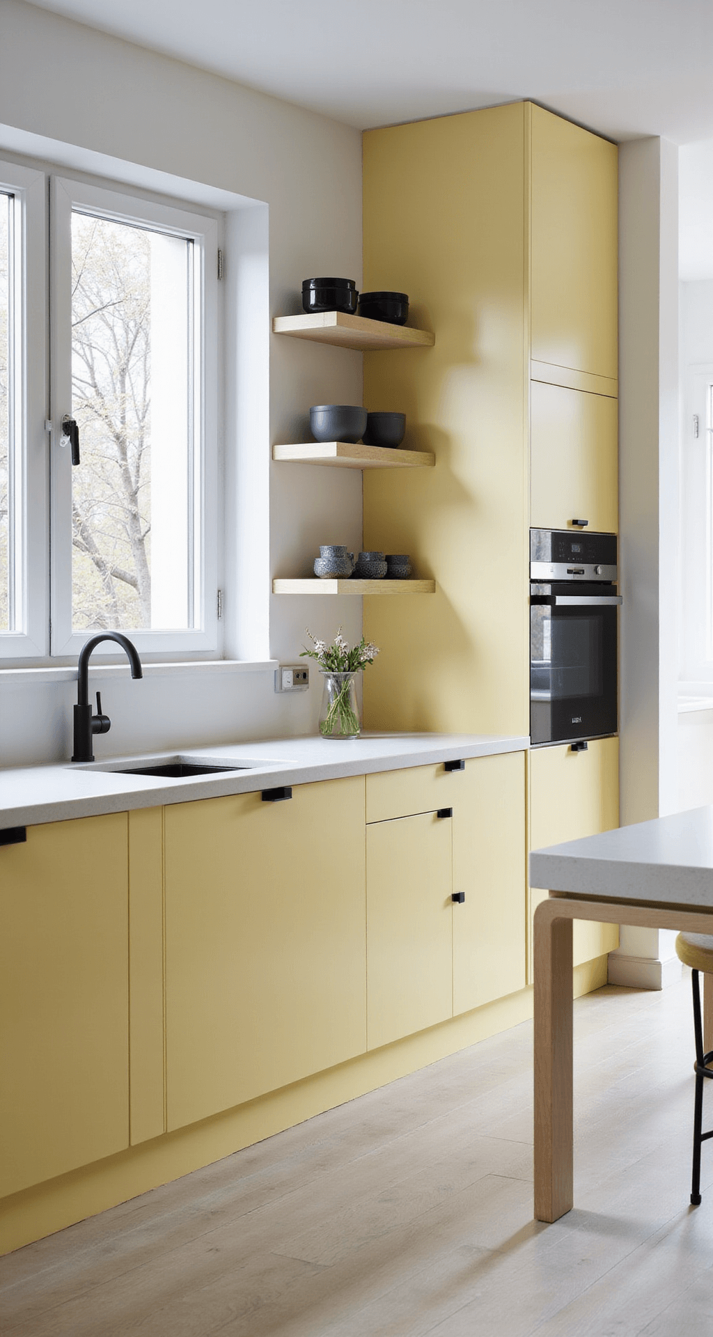 Modern Scandinavian kitchen with pastel yellow slab cabinets and white counters, featuring floor-to-ceiling windows, pale ash flooring, minimalist black fixtures, and floating shelves adorned with ceramics, showcasing integrated appliances and a serene, sophisticated atmosphere.