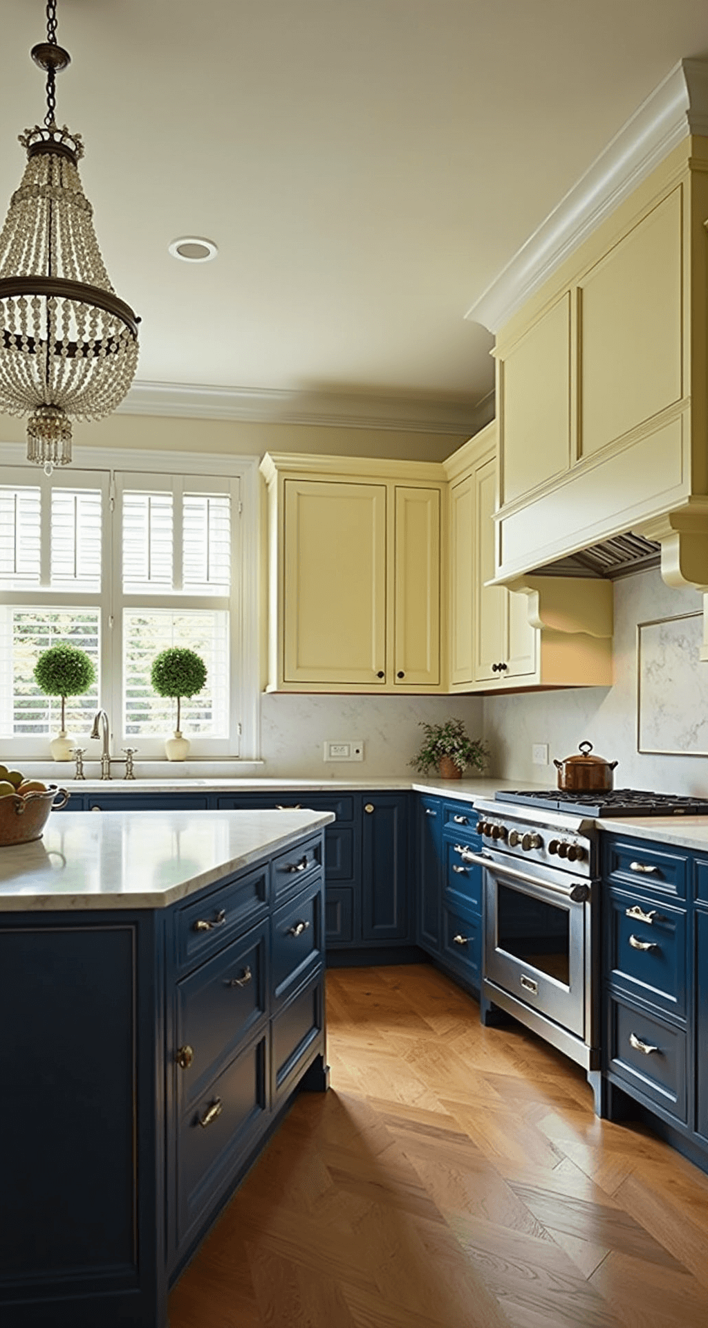 A luxurious traditional kitchen featuring butter yellow upper cabinets and navy lower cabinets, illuminated by afternoon light through plantation shutters. It boasts Carrara marble counters, polished nickel hardware, and a crystal chandelier over the island. Topiaries decorate the windows, and herringbone wood floors add elegance, all captured from a low angle to highlight the ceiling height and refined proportions.