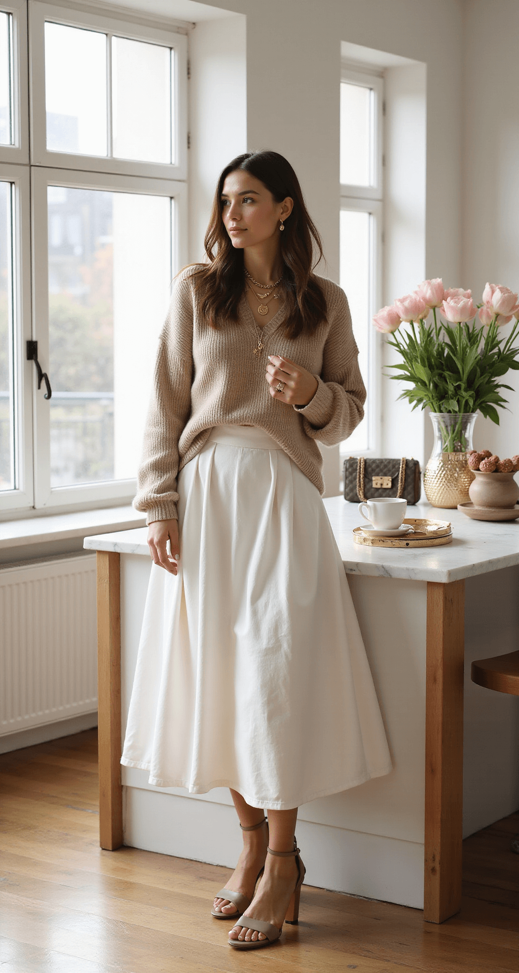 A fashion influencer in a sun-drenched minimalist studio apartment styles a flowing white midi skirt with a fitted beige cashmere sweater, layered gold necklaces, and nude leather strappy sandals. The composition features a designer handbag, coffee cup, and fresh flowers, captured in soft focus with shallow depth of field, highlighting the textures and natural lighting.