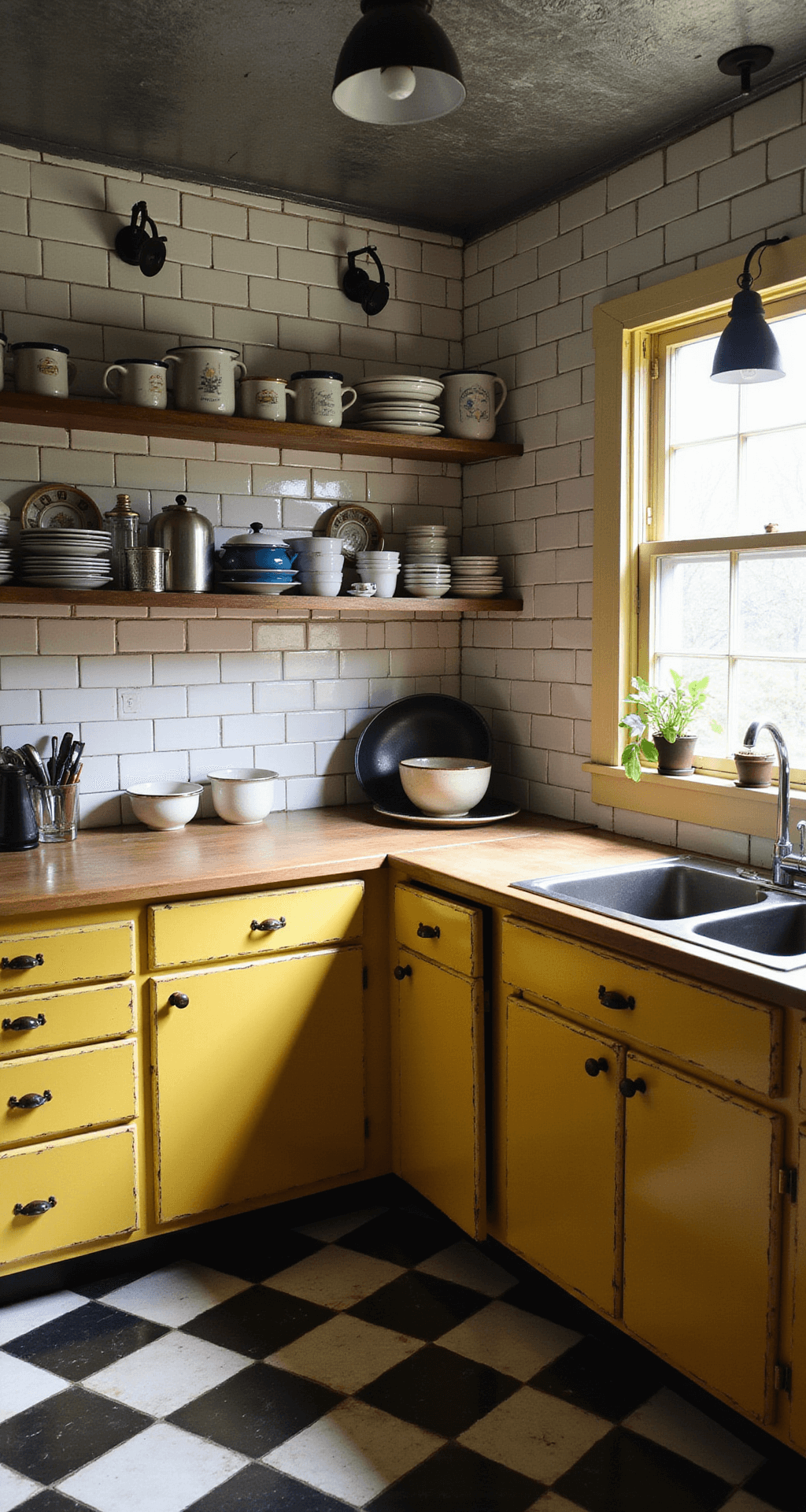 A vintage-inspired kitchen featuring distressed sunshine yellow cabinets, butcher block counters, and a black and white checkered floor, illuminated by moody lighting and schoolhouse pendant lights, with open shelving displaying enamelware and tin ceiling tiles above, shot from a corner angle to capture the full room depth.