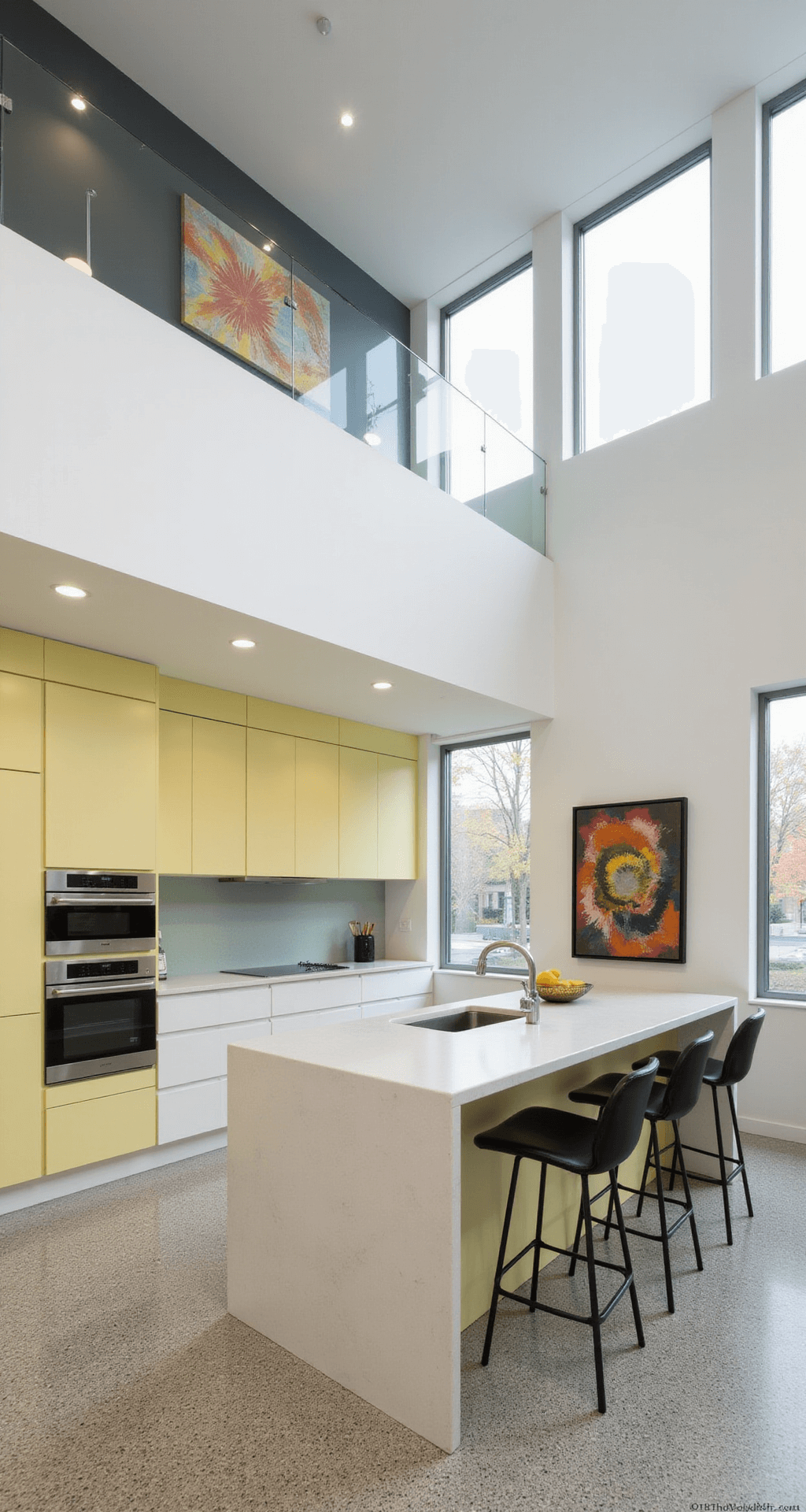 Contemporary kitchen with pastel yellow upper cabinets and white lower cabinets, featuring a double-height space with clerestory windows, a waterfall quartz island, chrome fixtures, and a glass backsplash. The terrazzo flooring complements the bright, architectural lighting, creating a modern, gallery-like atmosphere.
