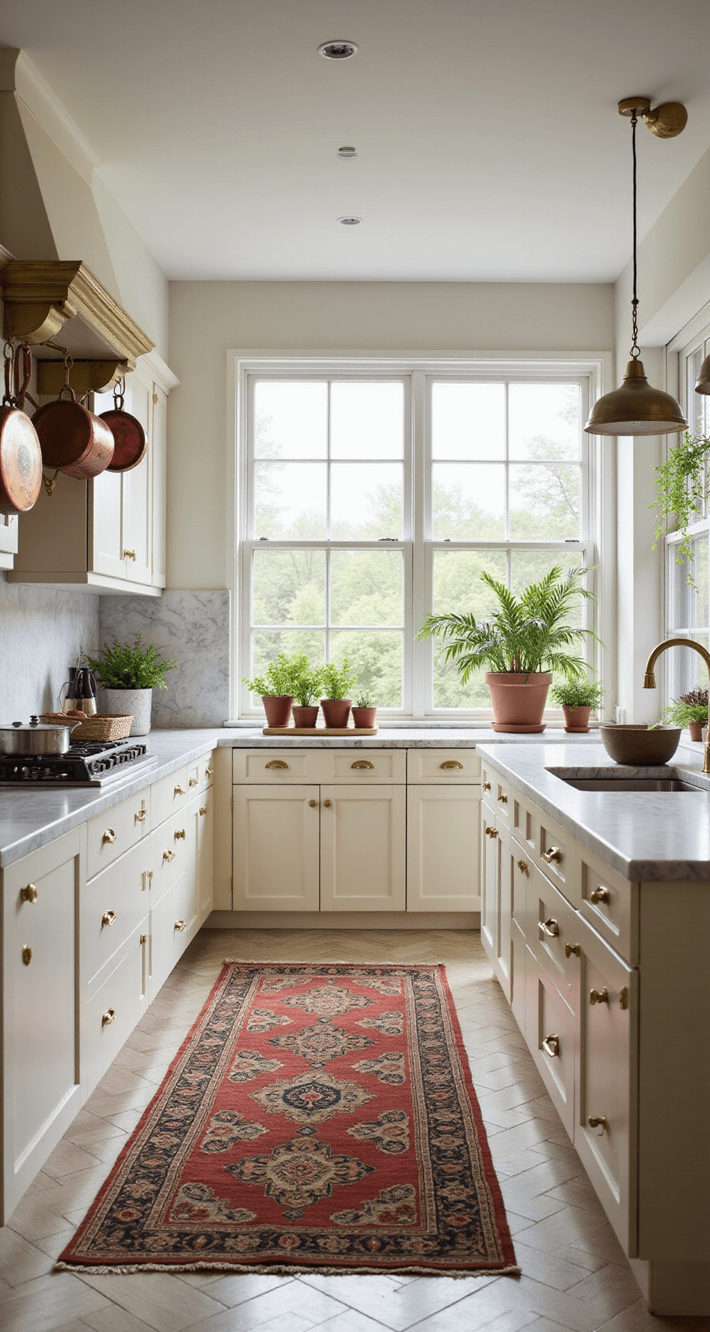 A bright and airy kitchen featuring cream shaker-style cabinets, a Calacatta marble waterfall island, and white oak herringbone floors. Morning light streams through large east-facing windows, illuminating the space with warmth. Copper pots hang from a ceiling rack, and potted herbs line the windowsill, while a vintage Persian runner adds a cozy touch. The image is captured from a low corner angle to showcase the ceiling height and spatial flow.