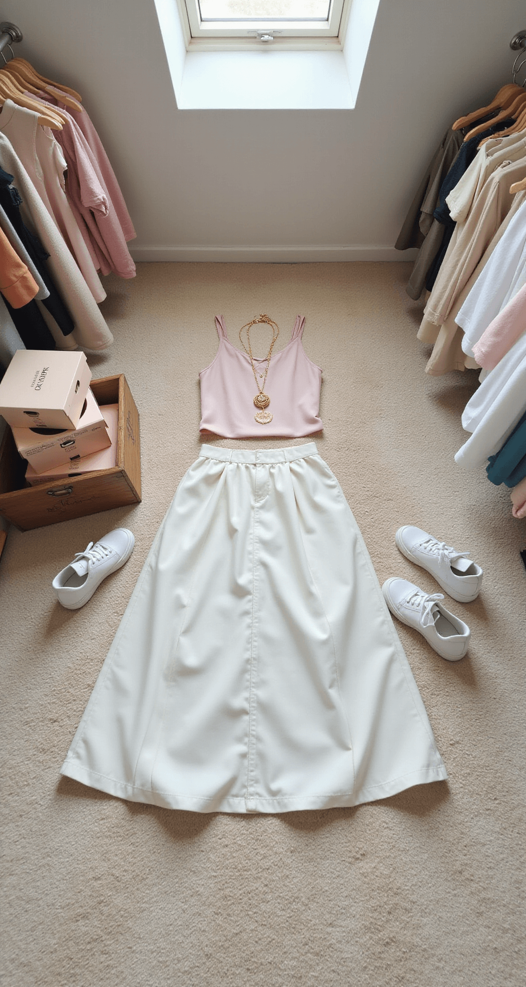 A bright walk-in closet featuring a close-up of an organized arrangement of a white A-line skirt, pastel pink silk camisole, delicate gold jewelry, and white leather sneakers on plush cream carpet, with color-coordinated hangers, stacked designer shoe boxes, and reflections in mirrors, illuminated by natural light from a skylight above.