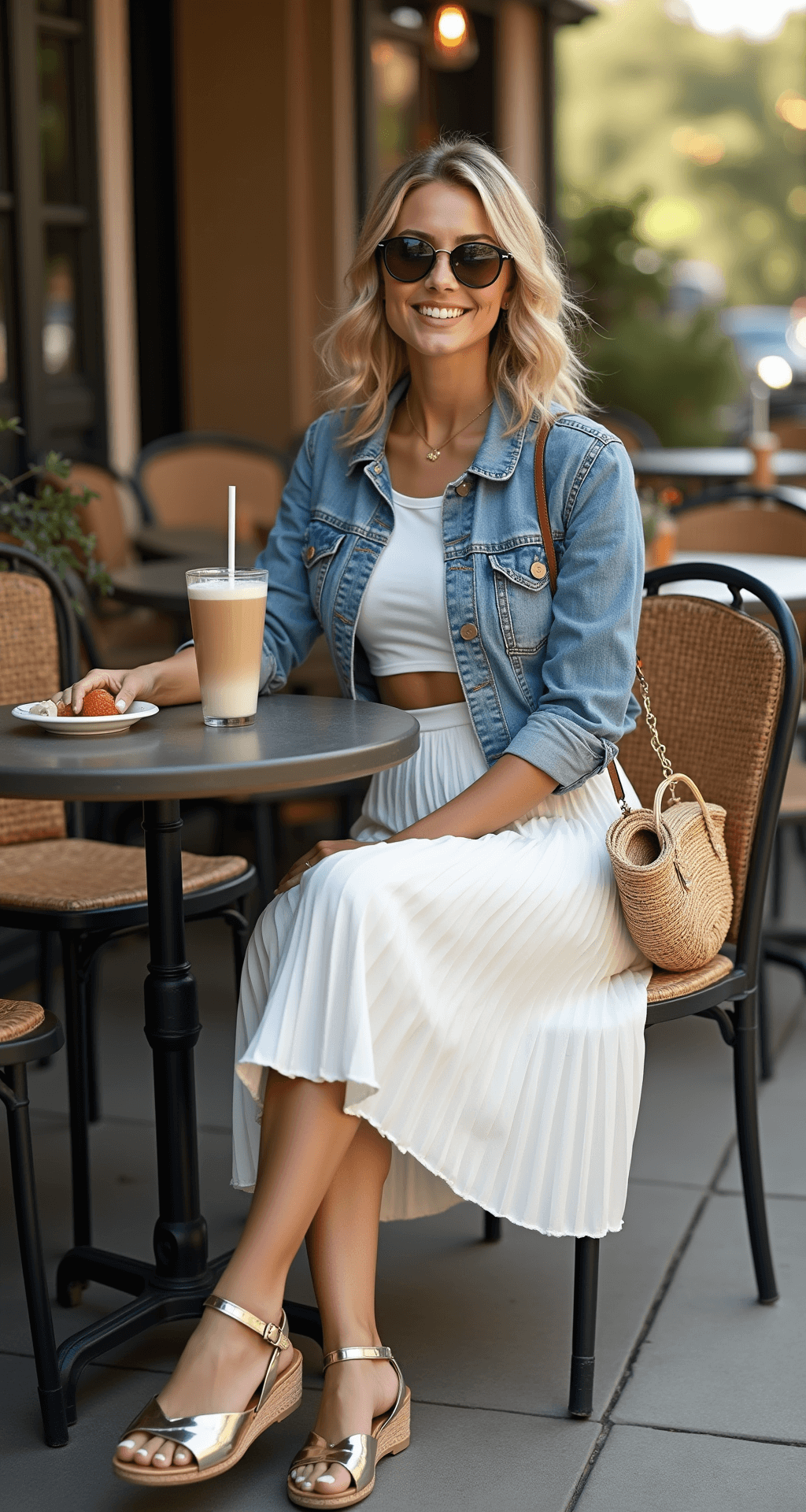 A model seated at a bistro table in a chic outdoor café wearing a high-waisted white pleated midi skirt, cropped denim jacket, and white tee, with metallic flat sandals. She accessorizes with vintage-inspired sunglasses and a woven basket bag while enjoying an iced latte. The scene is illuminated by soft afternoon light and string lights overhead, with a bokeh effect enhancing the ambiance.