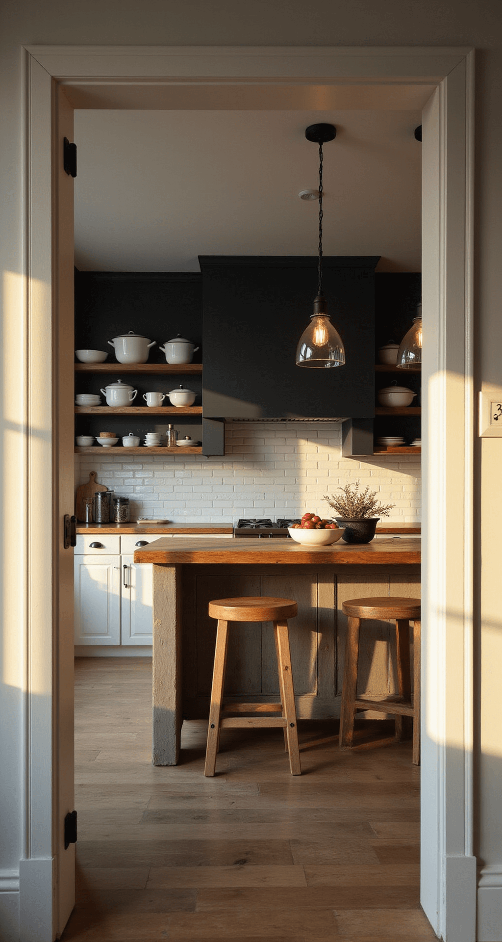 A modern farmhouse kitchen featuring cream beadboard cabinets with matte black hardware, a charcoal accent wall, and a white subway tile backsplash. The scene, captured at golden hour, includes industrial-style pendant lights over a reclaimed wood island and vintage enamelware on open shelving. The camera angle is at eye level, framed by a doorway, with dramatic side lighting creating long shadows, evoking rustic elegance.