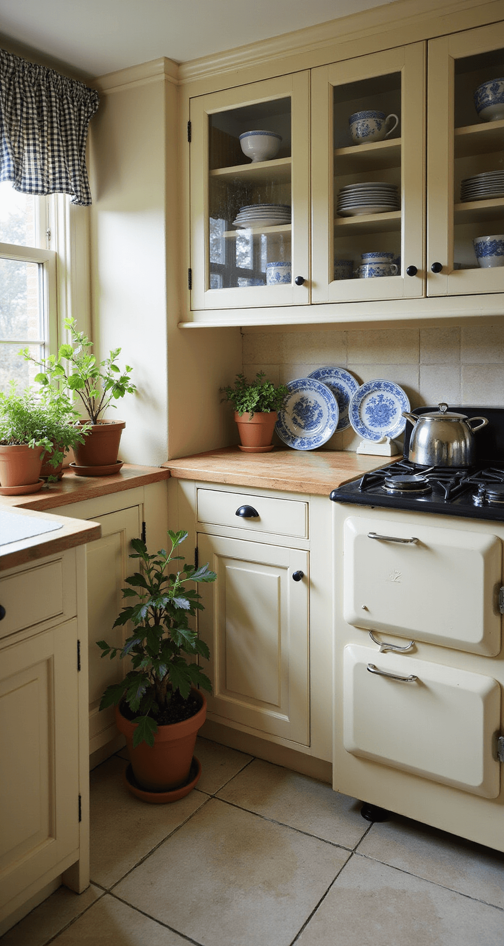 A cozy cottage kitchen with cream raised-panel cabinets and glass uppers displaying blue willow china, featuring butcher block counters and a cream Aga stove. Climbing ivy in terracotta pots and gingham curtains filter sunlight. The bird's eye view captures the symmetrical layout and soft diffused lighting.
