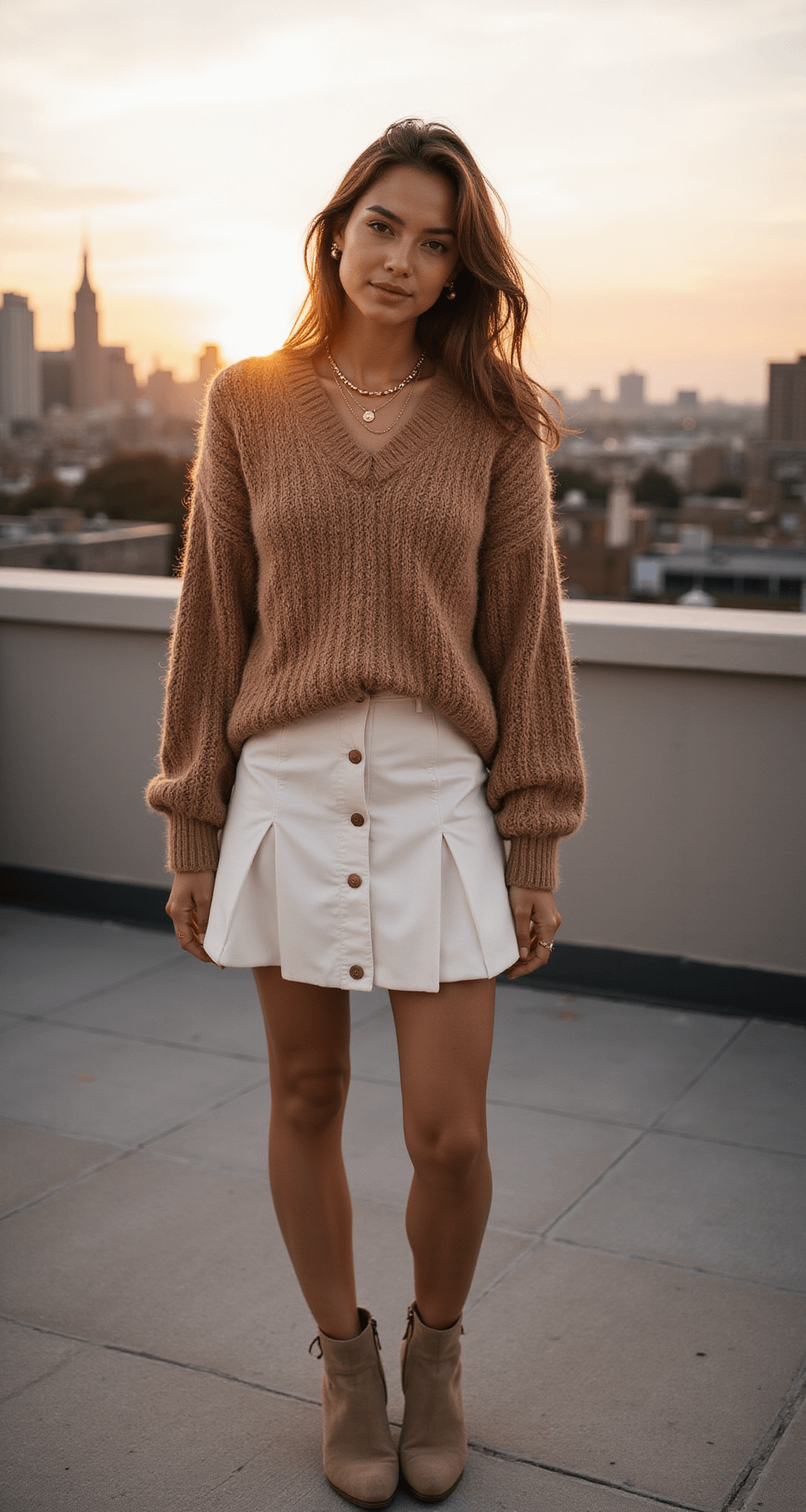 A fashion model poses on a modern rooftop terrace at sunset, showcasing a white mini skirt paired with an oversized oatmeal chunky knit sweater and soft suede ankle boots. Layered gold jewelry adds elegance, while her hair flows in the breeze, illuminated by warm golden light against a city skyline backdrop.