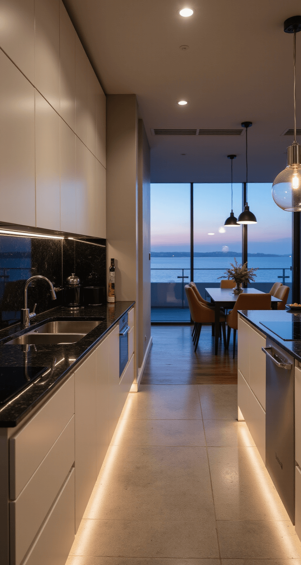 A contemporary open-concept kitchen featuring sleek cream flat-panel cabinets, dramatic black granite counters, and matching backsplash, illuminated by warm under-cabinet lights and minimalist pendant lights, captured from the dining area at dusk.