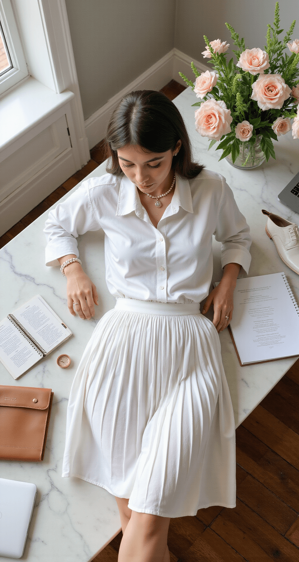 Cozy home office corner bathed in morning light, featuring a flat lay of a white pleated tennis skirt, oversized oxford shirt, pearl accessories, and white leather loafers on a marble desk with a laptop, planner, and fresh flowers.