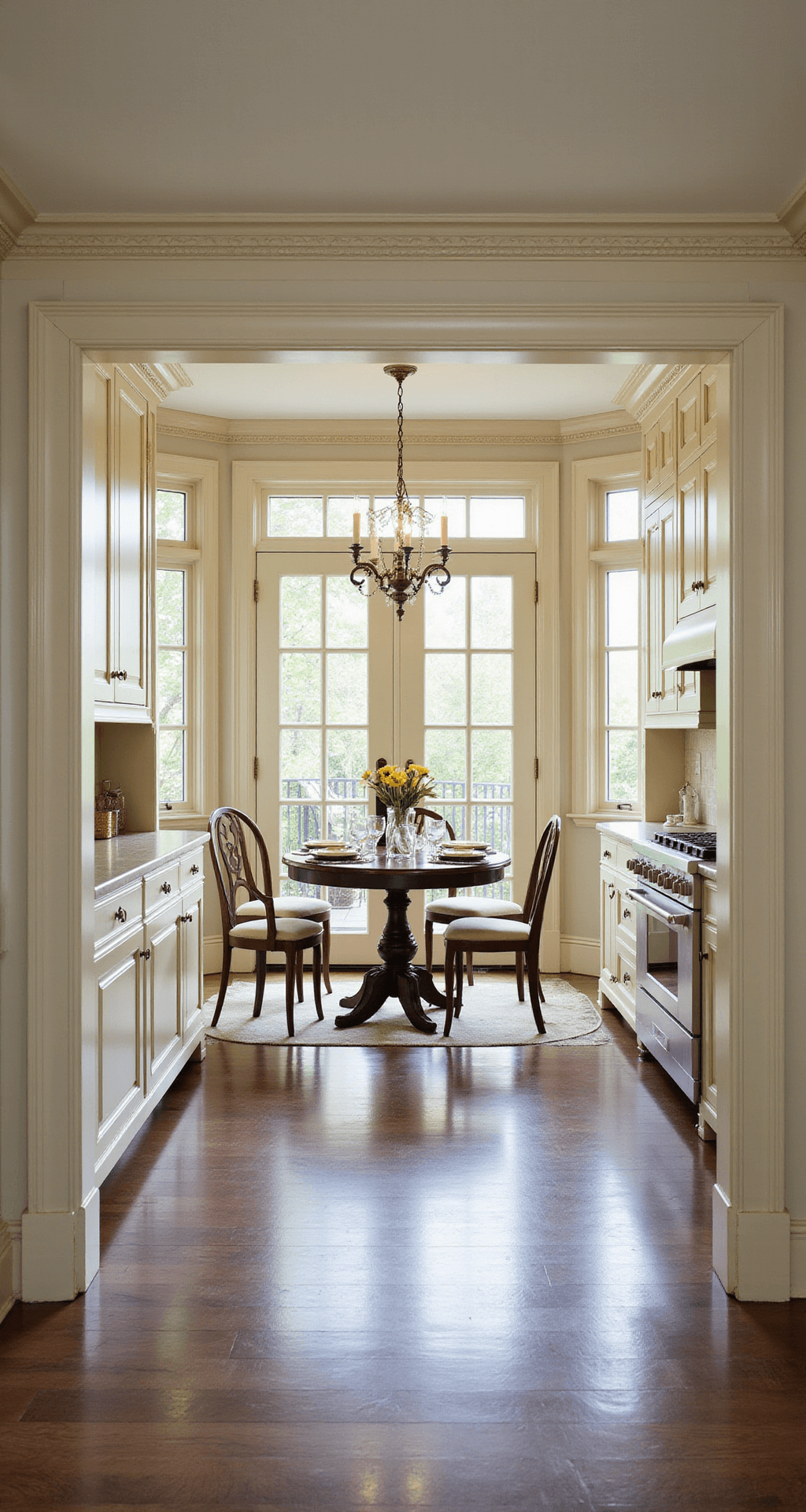 A bright, elegant traditional kitchen featuring cream glazed cabinets, ornate crown molding, and crema Marfil marble countertops, with an antique brass fixture and a crystal chandelier above a circular breakfast nook, as French doors open to a garden.