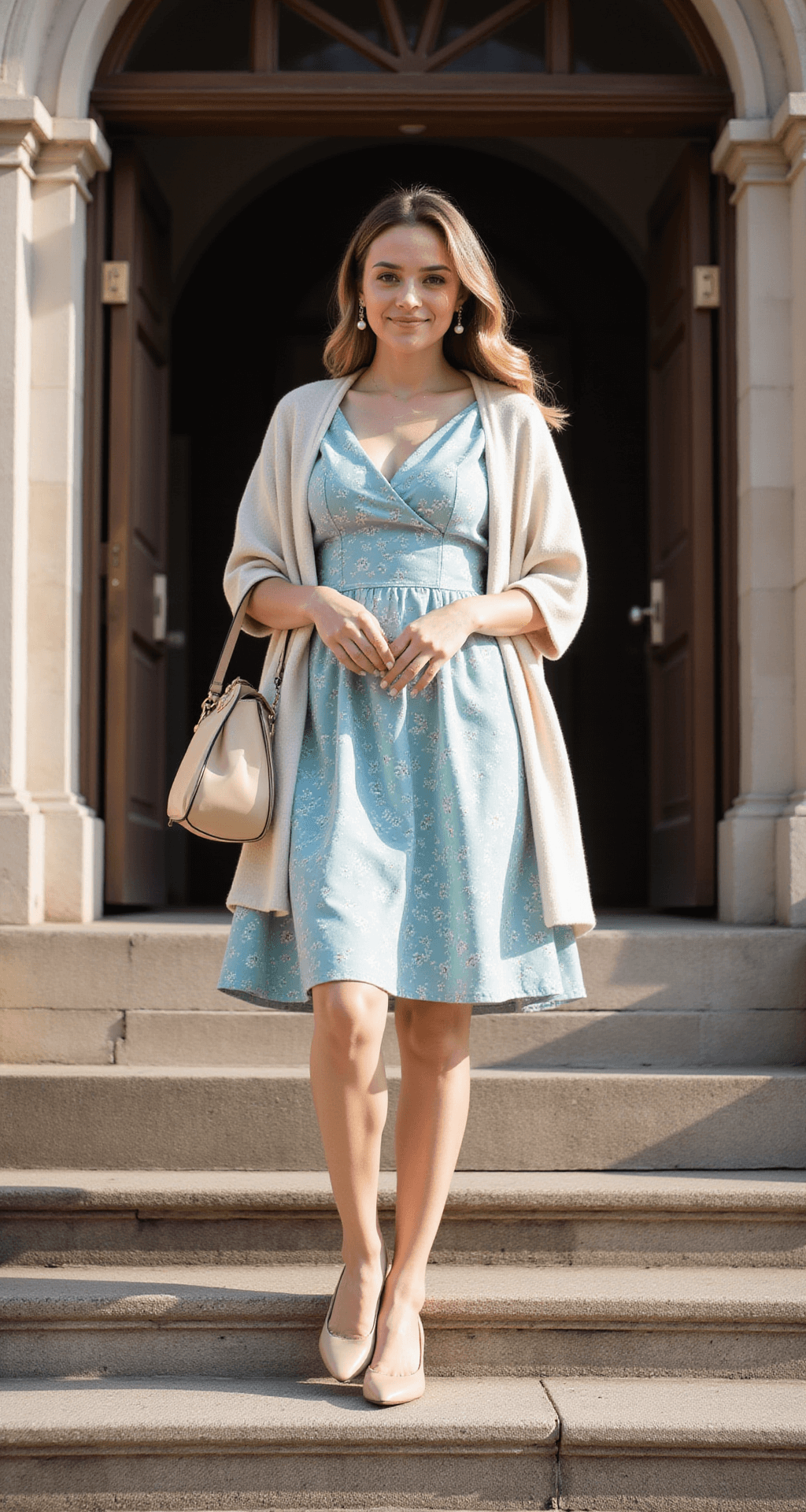 A young woman in a powder blue floral dress and cream cardigan ascends sunlit stone steps of a church, highlighting architectural details and soft lighting, with nude slingback heels and a structured beige handbag.