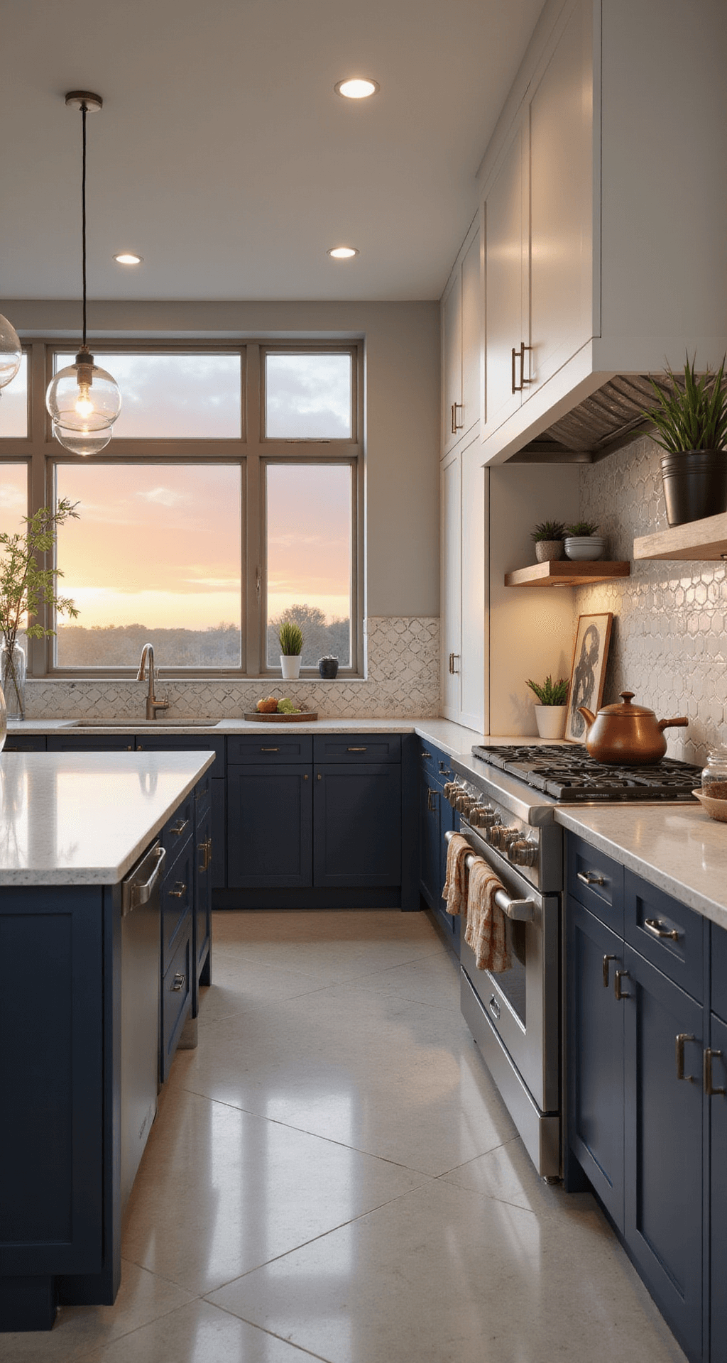 A contemporary kitchen featuring two-tone cream and navy cabinets, quartz countertops, and a geometric tile backsplash, illuminated by dramatic sunset lighting through windows, casting silhouettes and highlighting modern abstract art and curated accessories on floating shelves.