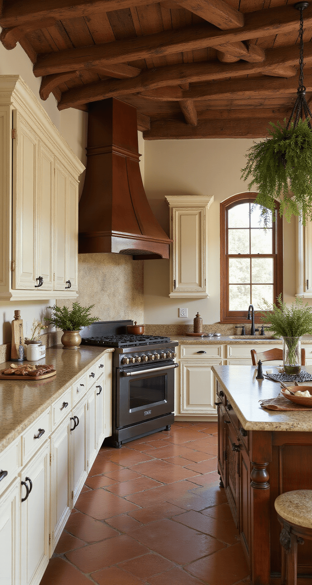 A diagonal view of a Mediterranean-inspired kitchen featuring distressed cream cabinets with intricate carvings, terra cotta floors, and exposed wooden beams. A copper range hood serves as the focal point, while herbs hang from a ceiling rack. Natural light casts dramatic shadows, accentuating the rustic luxury of the space.