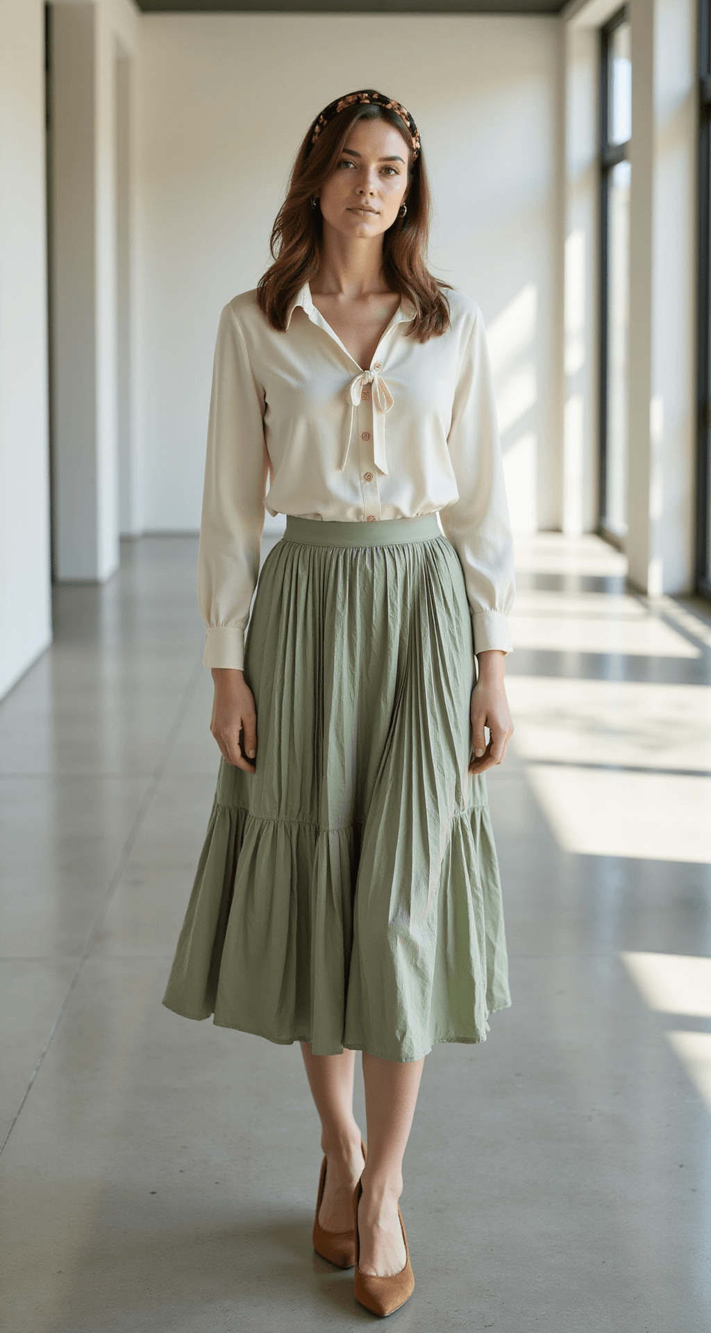 A model in a soft sage green silk pleated midi skirt and ivory silk blouse with neck tie, wearing brown suede block heel pumps and a tortoiseshell headband, poses in a minimalist modern church foyer with floor-to-ceiling windows casting diagonal light, captured in portrait orientation with a soft bokeh effect.