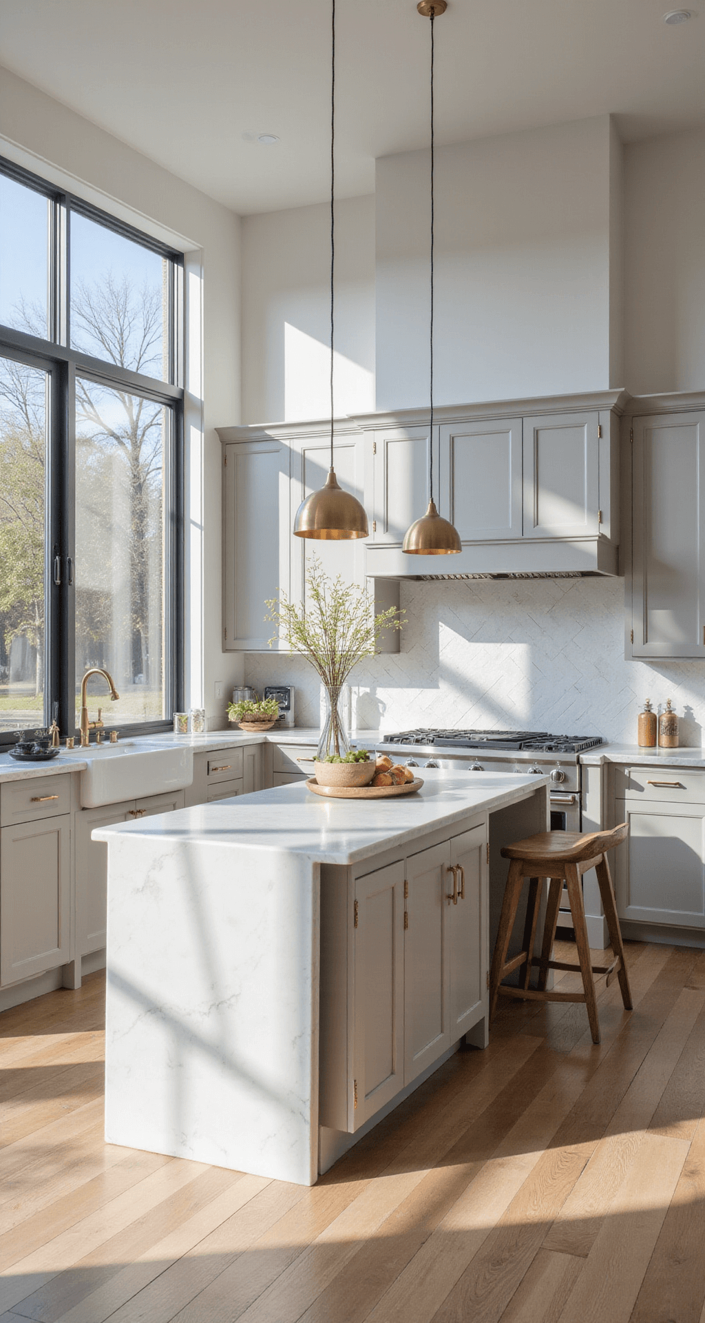 A contemporary kitchen with light taupe shaker cabinets, a white quartz waterfall island, and brass pendant lights, illuminated by morning light through floor-to-ceiling windows. The space features a textured white geometric backsplash, stainless steel appliances, and wide-plank white oak flooring, creating a fresh and airy mood.