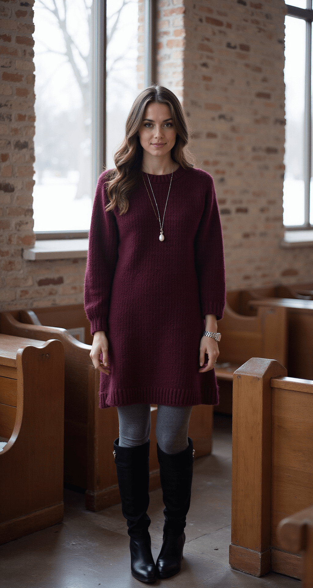 Cozy winter church scene featuring a person in a burgundy wool sweater dress, charcoal grey opaque tights, and black leather knee-high boots. The surroundings include snow-dusted windows and natural light creating shadows that accentuate the texture of the dress, complemented by a pearl pendant necklace and a small silver watch.
