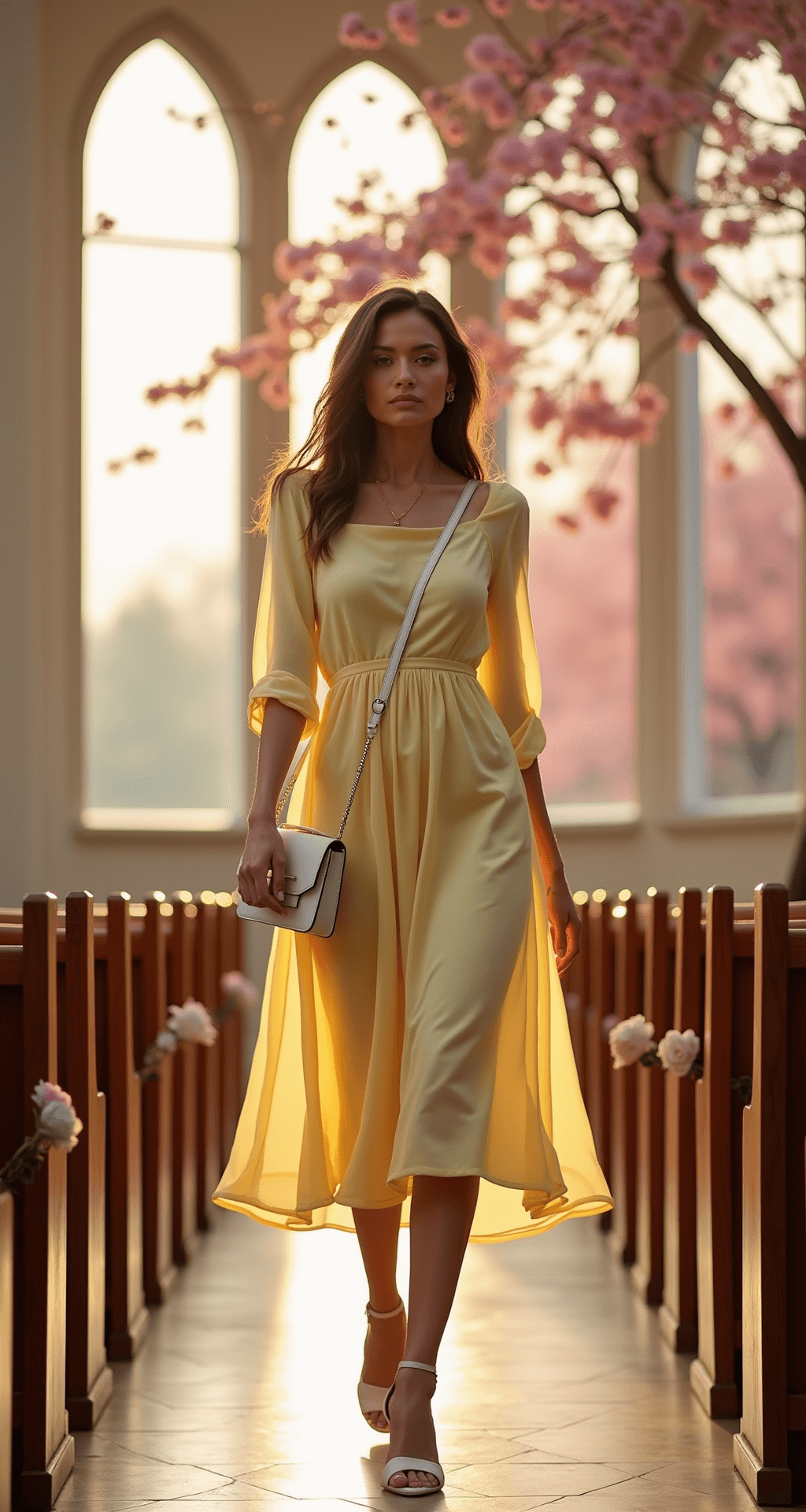 A model in a pastel yellow chiffon midi dress with floral print and three-quarter sleeves stands in a spring Easter service setting, framed by cherry blossoms in arched windows. She wears white leather block heel sandals and holds a small white leather crossbody bag, as warm golden hour light softly illuminates the scene, highlighting the fabric's delicate movement.