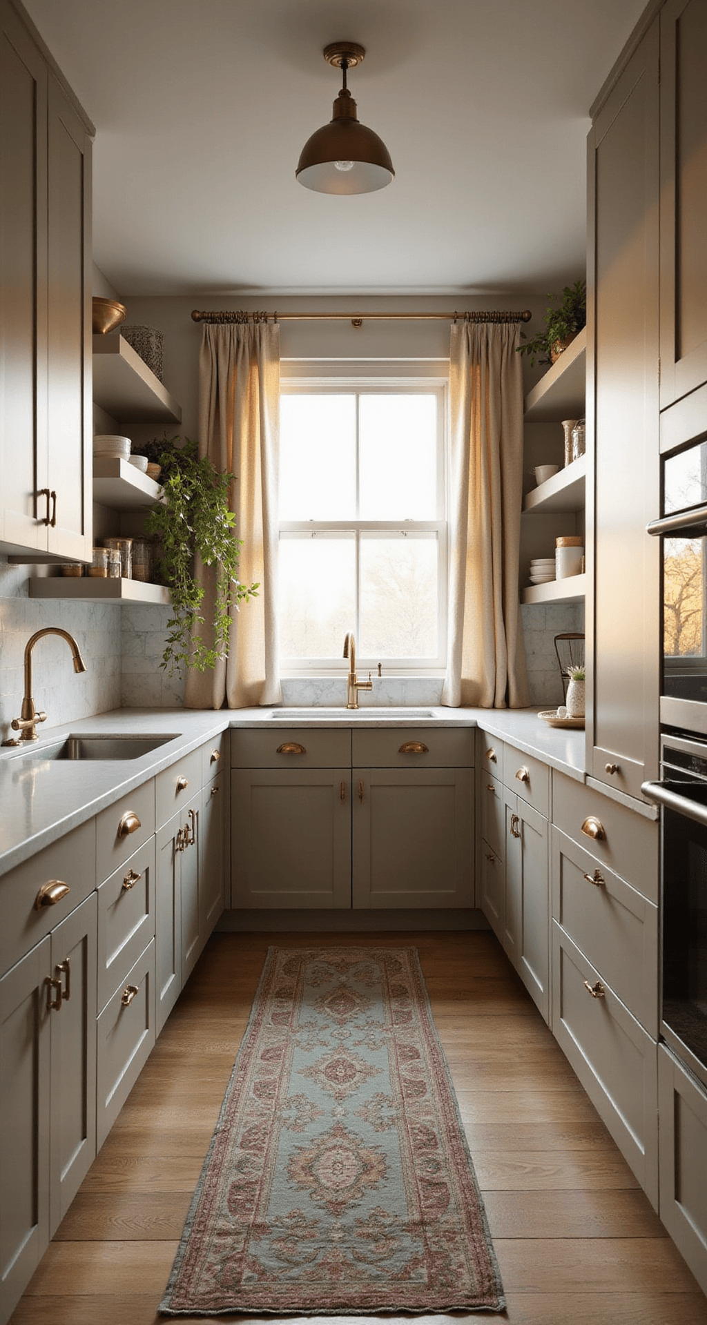A cozy galley kitchen with light taupe flat-panel cabinets and white countertops, illuminated by golden hour sunlight through café curtains. Brass hardware complements the space, while open shelving showcases artisanal ceramics. A textured marble herringbone backsplash and vintage runner in muted jewel tones enhance the warm, elegant atmosphere, captured from a low angle for added depth and vertical emphasis.
