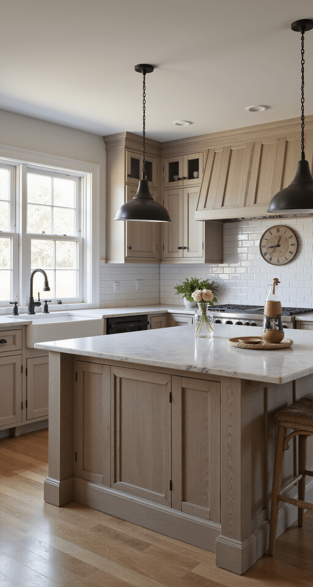 Expansive farmhouse kitchen with light taupe beadboard cabinets, large weathered wood island with marble top, white subway tile backsplash, and antique copper accents, illuminated by afternoon light through mullioned windows.