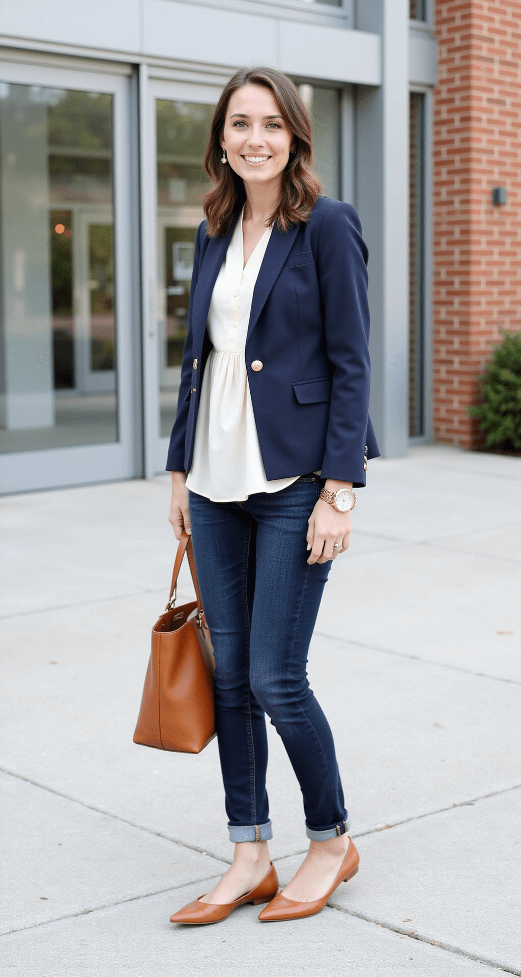 A professional woman in dark wash straight-leg jeans, a cream silk blouse with a peplum detail, and a navy blazer with gold buttons stands in a contemporary church courtyard, complemented by cognac leather flats and a matching structured tote.