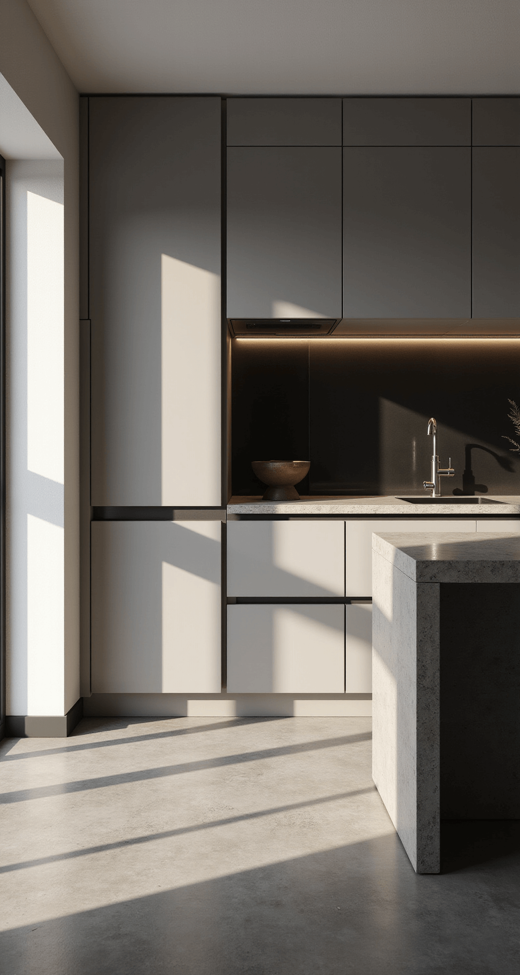 High contrast black and white image of a modern minimalist kitchen featuring handleless light taupe cabinets, a hovering concrete island, hidden LED lighting, a smoky mirror backsplash, and graphite appliances, all set against dramatic dawn light and geometric compositions.