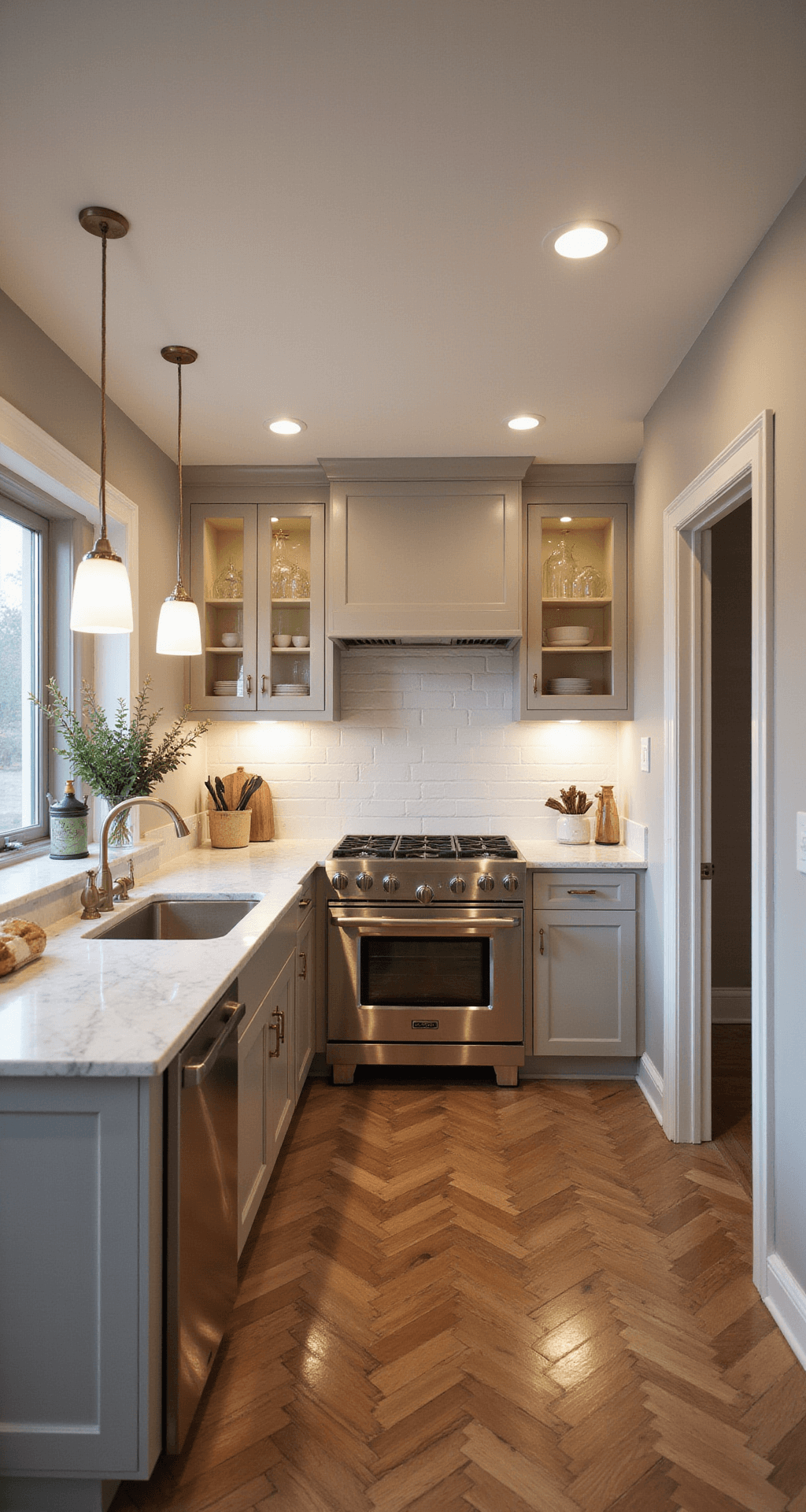 Cozy transitional kitchen featuring light taupe Shaker cabinets, cream marble counters with grey veining, mixed metal finishes, and chevron wood floors, illuminated by dusk lighting for a refined comfort mood.