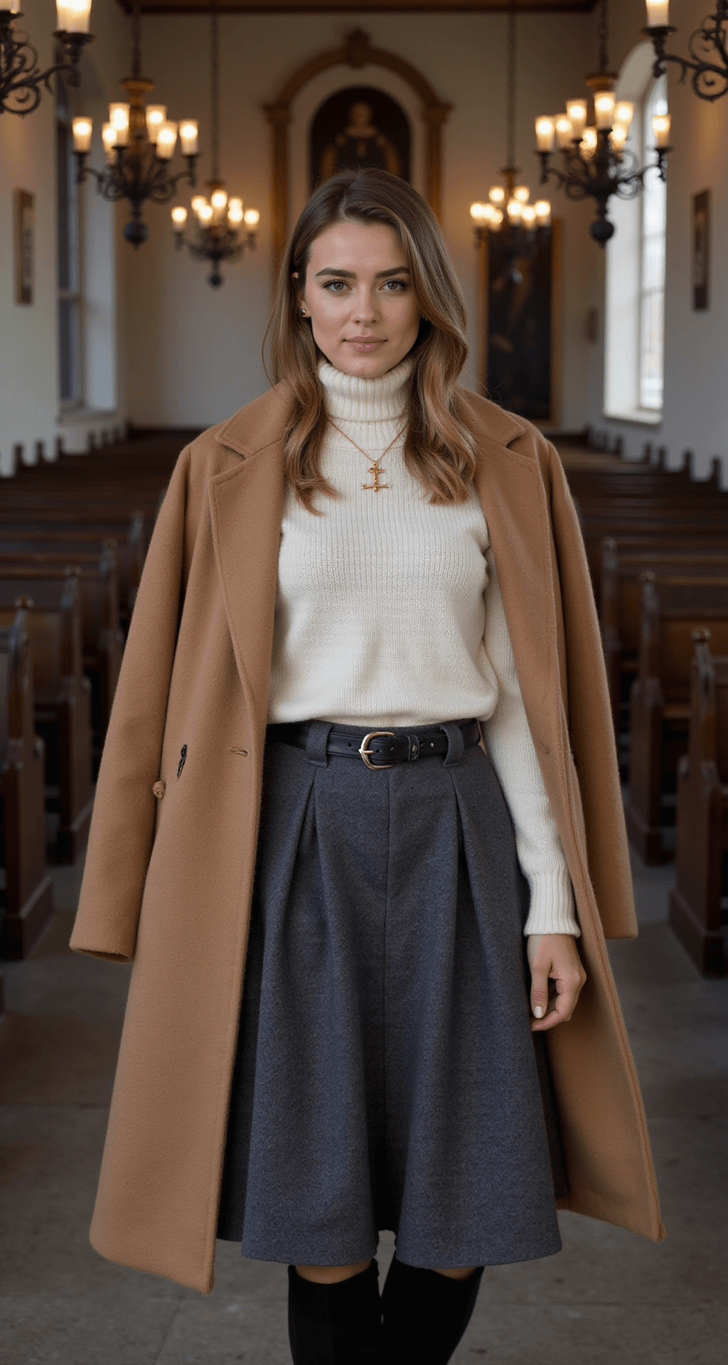 A winter morning church interior featuring wrought iron chandeliers, with a model dressed in a charcoal grey wool A-line skirt, ivory turtleneck sweater, and black suede knee-high boots. A camel wool coat is draped over her shoulders, complemented by a delicate gold cross necklace, all showcased under atmospheric lighting that emphasizes luxurious textures and thoughtful layering.