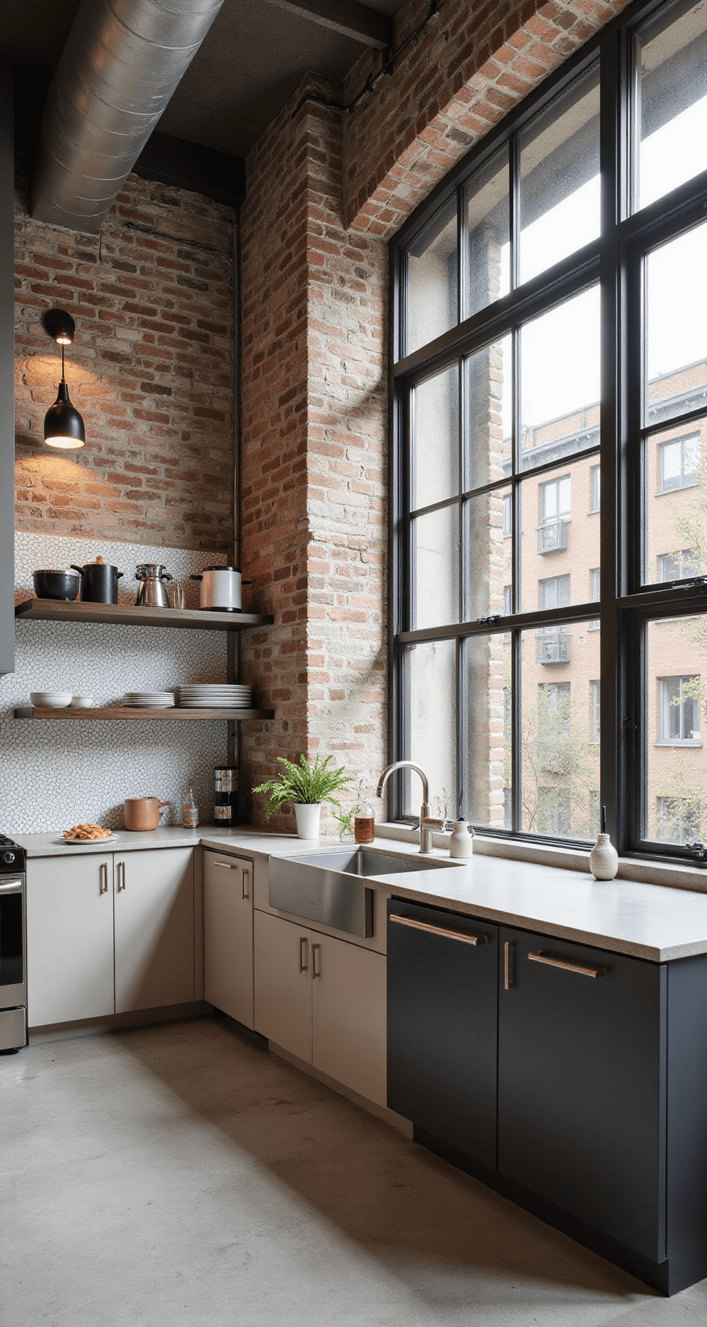 Sophisticated industrial urban loft kitchen featuring two-tone light taupe and charcoal cabinets, concrete countertops, open steel shelving, white penny tile backsplash, and an exposed brick wall, all illuminated by afternoon light from industrial windows. Shot from an elevated perspective with a wide-angle lens.