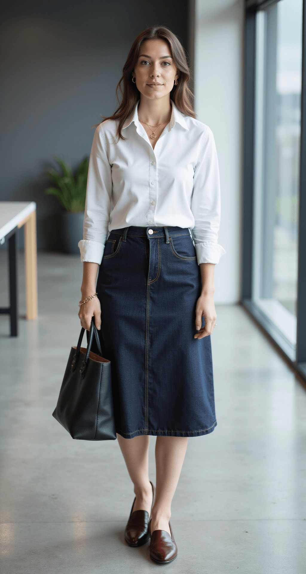 How to Rock a Denim Skirt: Cool Outfit Ideas That Actually Work A professional woman stands confidently in a minimalist corporate office, wearing a knee-length dark wash denim skirt and a pressed white button-down shirt. Her burgundy pointed-toe loafers and gold minimal jewelry complement her structured black leather tote. The office features floor-to-ceiling windows allowing diffused midday light, with a clean desk setup visible in the background. The image is captured at eye level with sharp focus, showing her full outfit in a subtle office context.