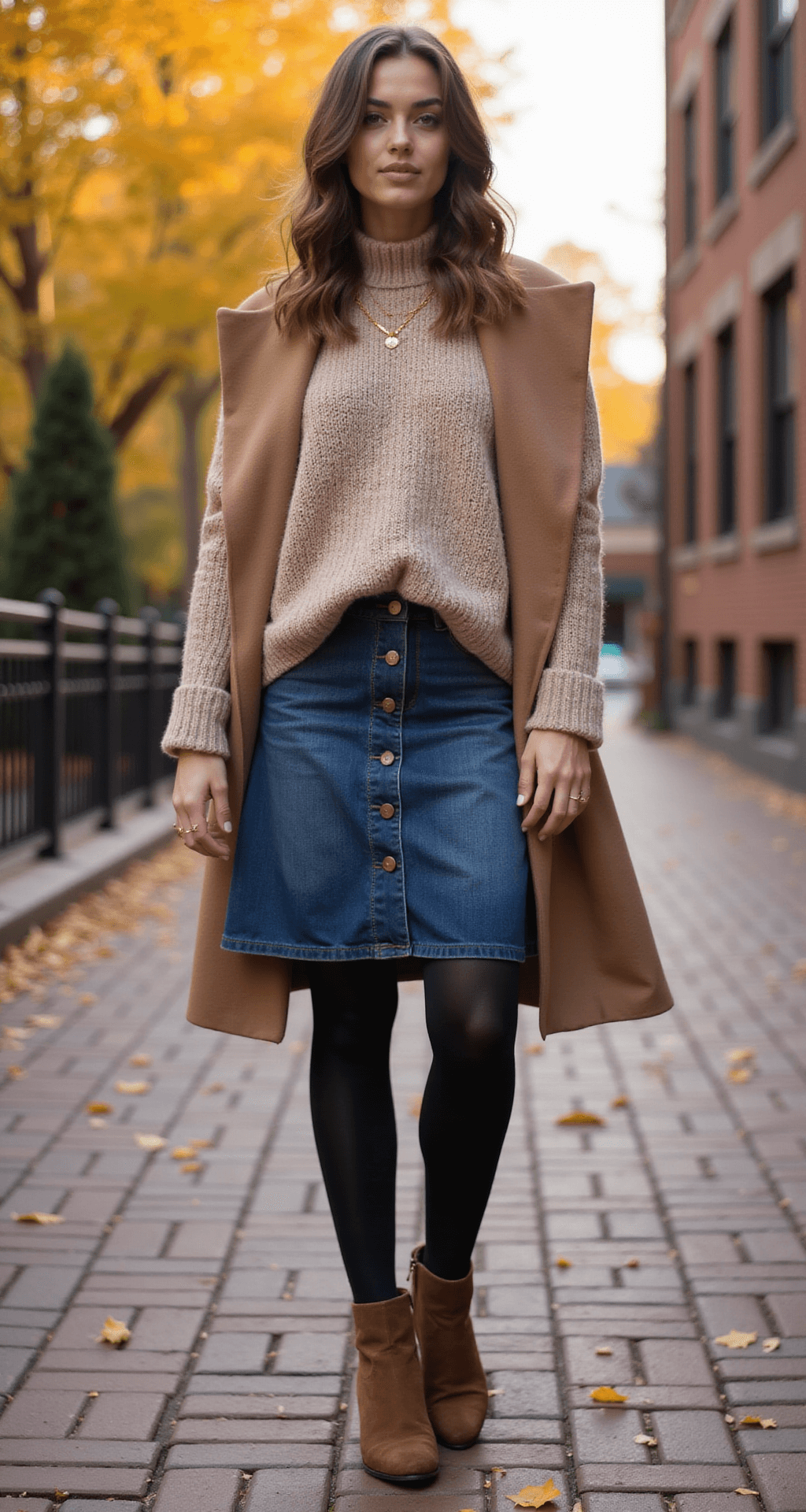 How to Rock a Denim Skirt: Cool Outfit Ideas That Actually Work Model in an oversized oatmeal chunky knit sweater and midi denim skirt, styled with black opaque tights and brown suede ankle boots, stands gracefully on a brick-lined street corner during golden hour, with falling leaves and soft bokeh in the background, hair in loose waves and minimal gold jewelry, camel wool coat draped over her shoulders.