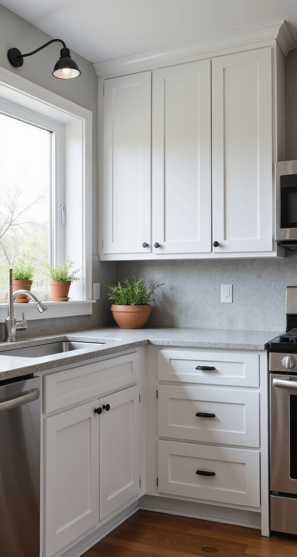 Interior view of a sunlit modern kitchen featuring bright white Shaker cabinets and gray marble countertops, with natural light streaming through a large window above the sink, highlighting stainless steel appliances and fresh herbs in terracotta pots.