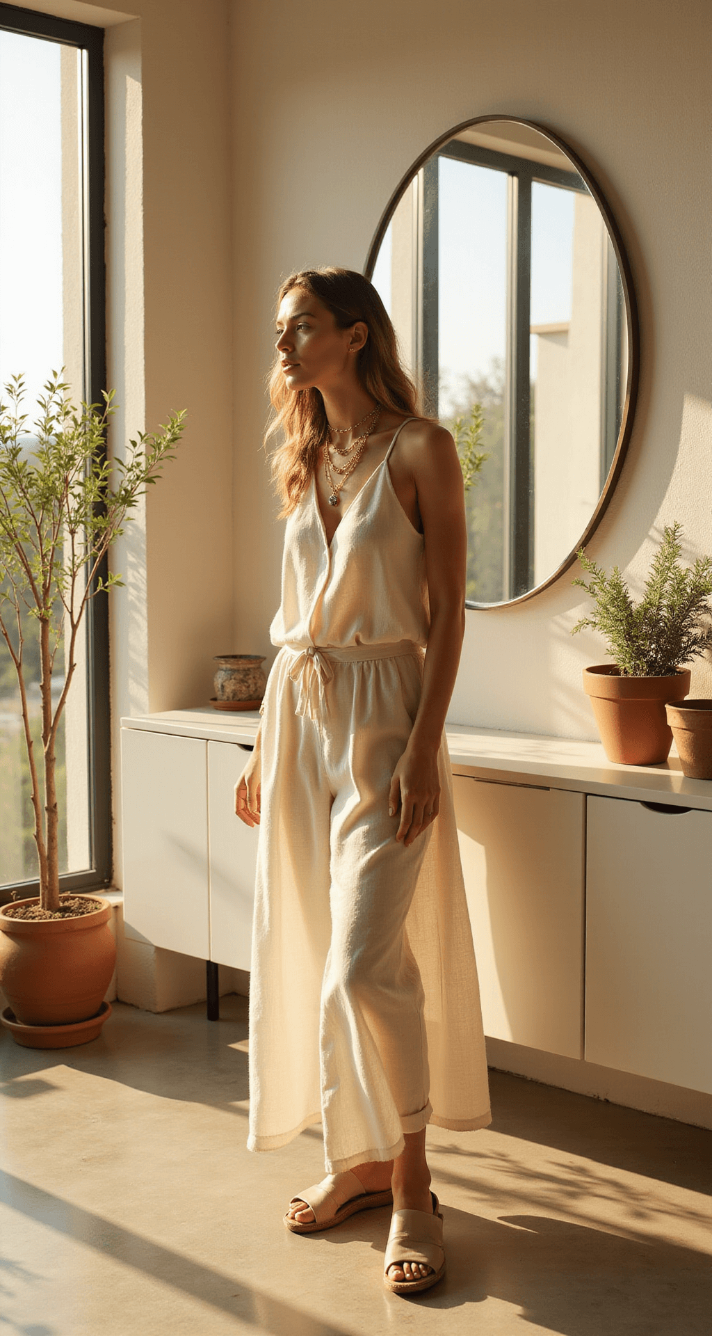 A model in a flowing cream linen jumpsuit stands in a sunlit minimalist loft, featuring floor-to-ceiling windows, potted olive trees, and a circular mirror reflecting warm light. She accessorizes with gold chain necklaces and chunky beige sandals, with soft shadows accentuating the jumpsuit's texture.