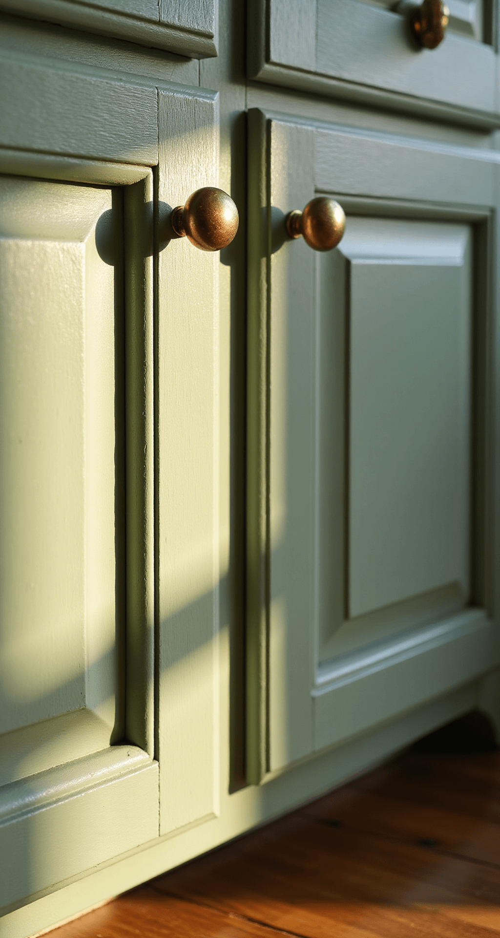 Close-up of sage green cabinet doors with visible brush strokes in semi-gloss finish, illuminated by afternoon light. Vintage brass knobs glimmer in golden hour sunlight, with soft shadows accentuating raised panel details. Warm wood flooring is reflected in the bottom of the frame.