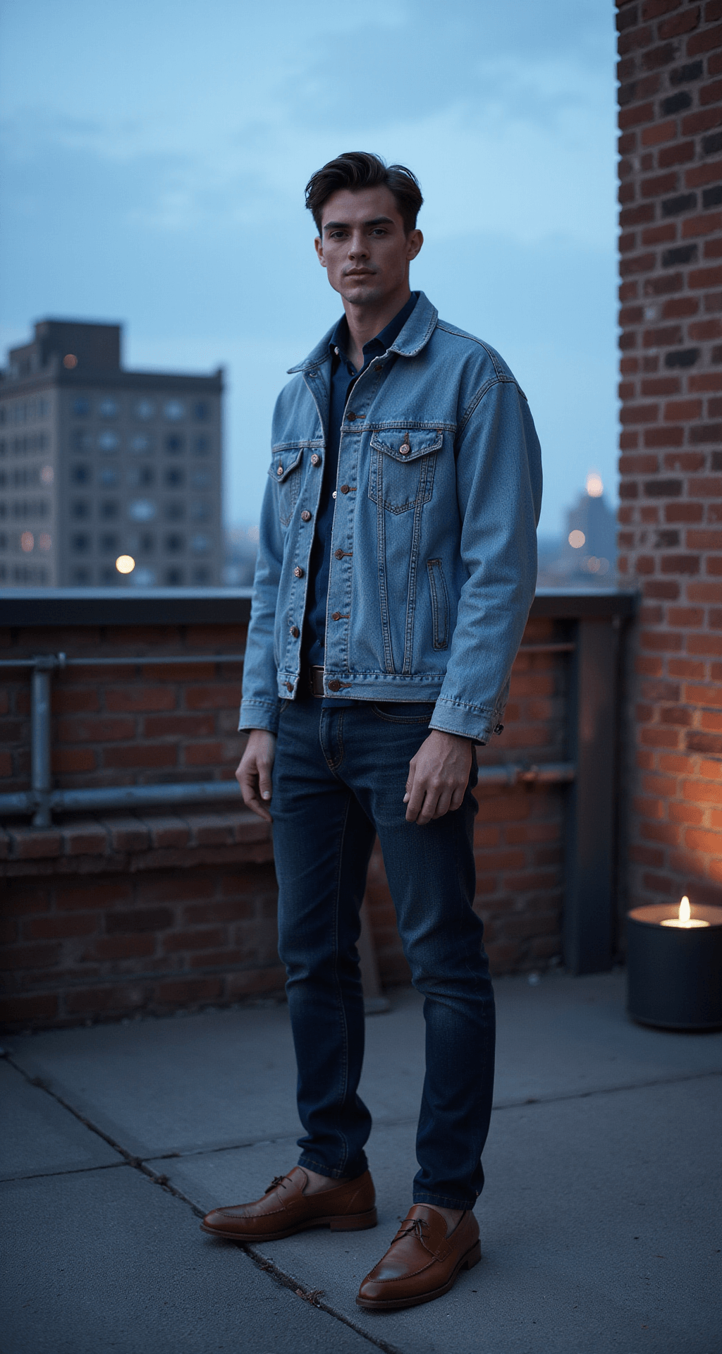 A model in a light wash oversized denim jacket and dark indigo jeans stands on an urban rooftop terrace at blue hour, with brown leather pointed loafers. Copper-toned lighting accentuates the textures of the denim against the city skyline, framed by industrial elements like exposed brick and metal railings. Shot from a low angle in a moody editorial style.