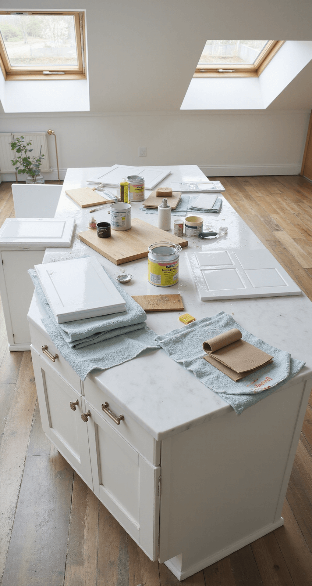 Bright morning kitchen scene featuring a white marble island with organized paint preparation materials, including primers and brushes, surrounded by removed cabinet doors on drop cloths. The overhead shot captures the systematic layout under diffused natural light from skylights, providing full detail in a documentary style.