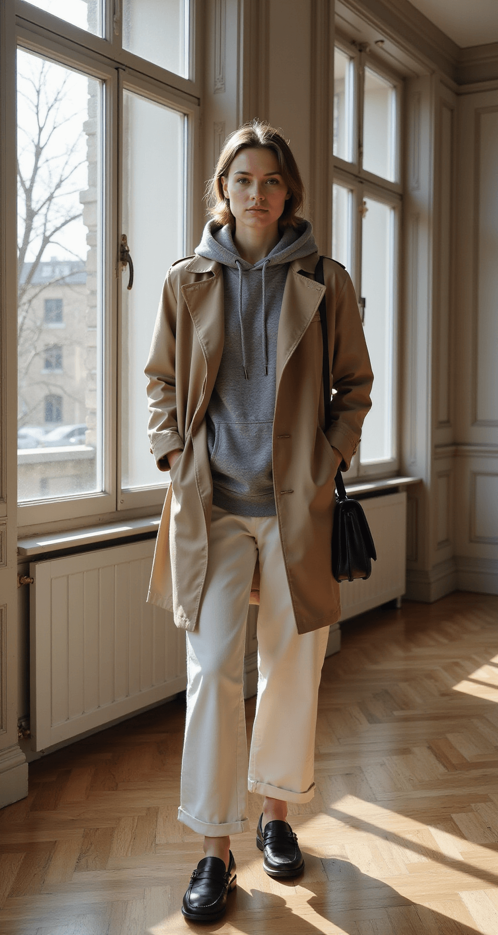 A stylish model in a khaki trench coat layered over a grey hoodie and cream wide-leg pants stands in a Parisian apartment with herringbone floors and architectural moldings, illuminated by morning light streaming through tall windows. She accessorizes with a structured black leather shoulder bag and penny loafers, showcasing an elegant urban outfit.