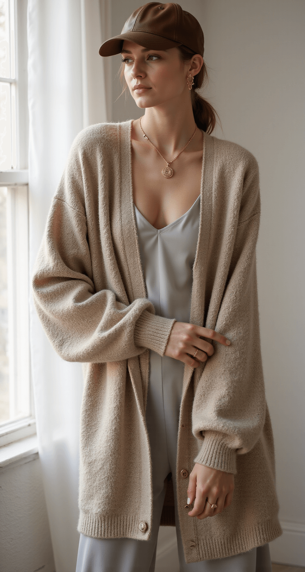 A model in an oversized oatmeal knit cardigan over a silk slip dress stands in an airy coastal studio with whitewashed walls and flowing linen curtains, illuminated by morning golden hour light, showcasing minimal gold jewelry and a leather baseball cap.